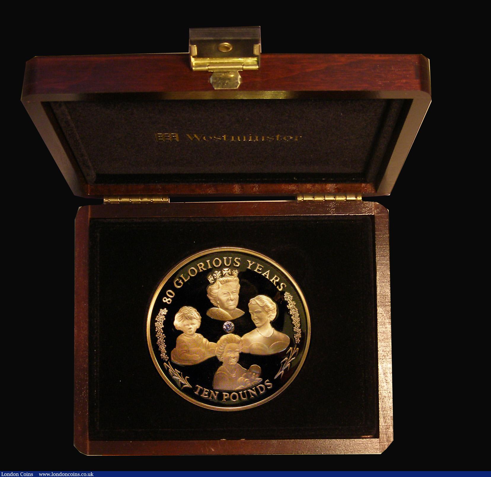 London Coins : A173 : Lot 656 : Gibraltar Ten Pounds 2006 QE II 80th Birthday 5oz Gold Proof FDC with brilliant cut 1/4 carat diamon...