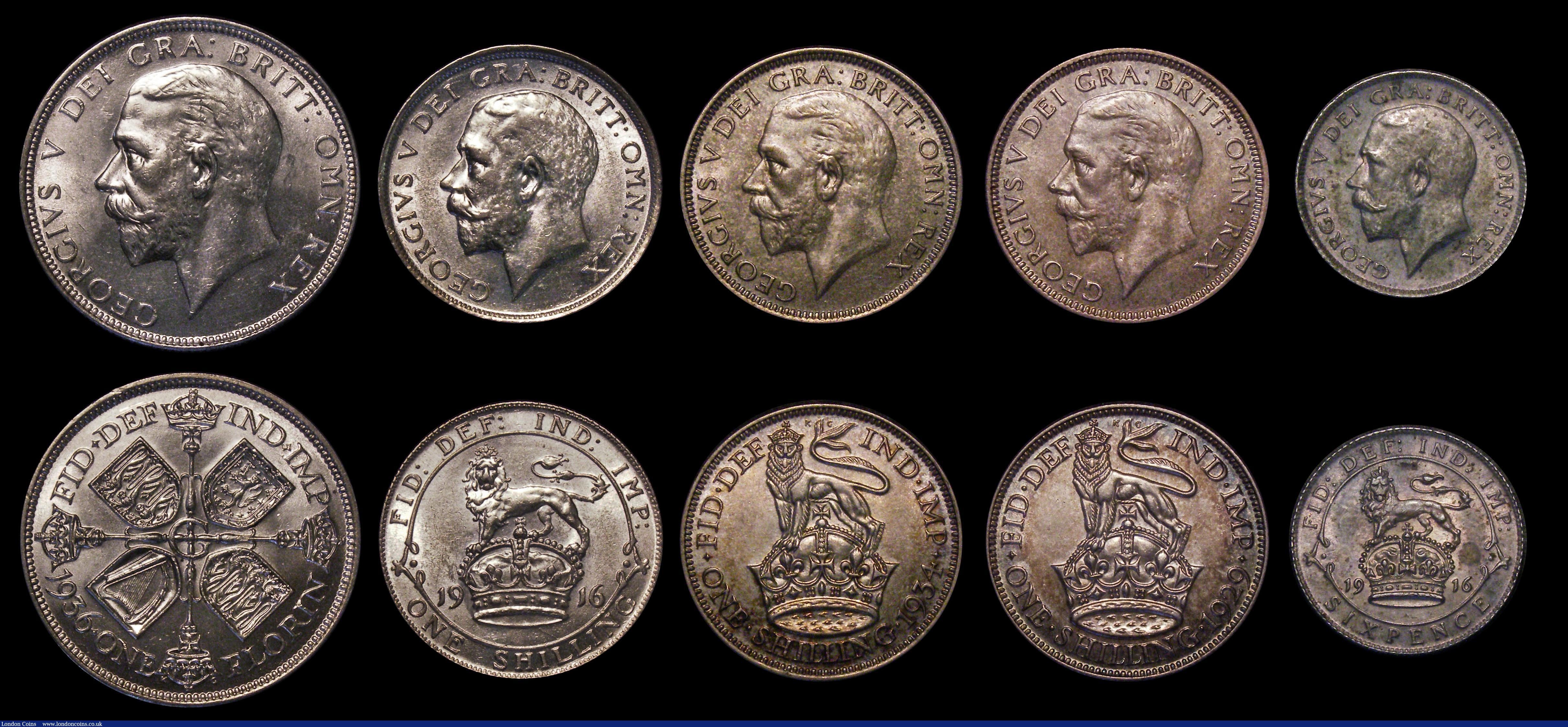 London Coins : A173 : Lot 807 : Florins (6) 1911 ESC 929, Bull 3755 EF/GEF with golden tone, 1916 ESC 935, Bull 3761 GEF and lustrou...