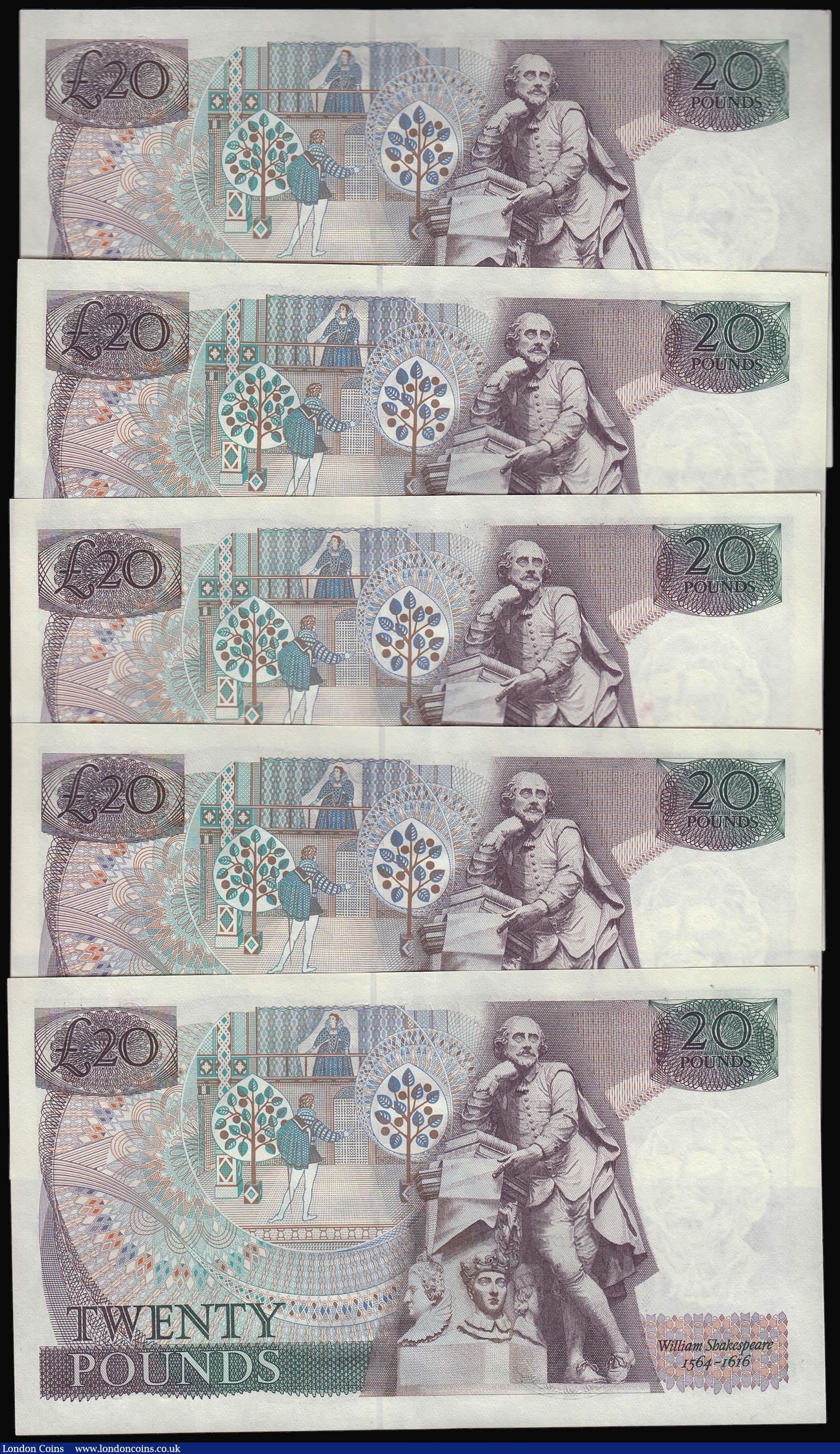London Coins : A173 : Lot 86 : Twenty Pounds Gill B355 Shakespeare Reverse a scarce first run consecutive group of 5 notes, 01L 429...