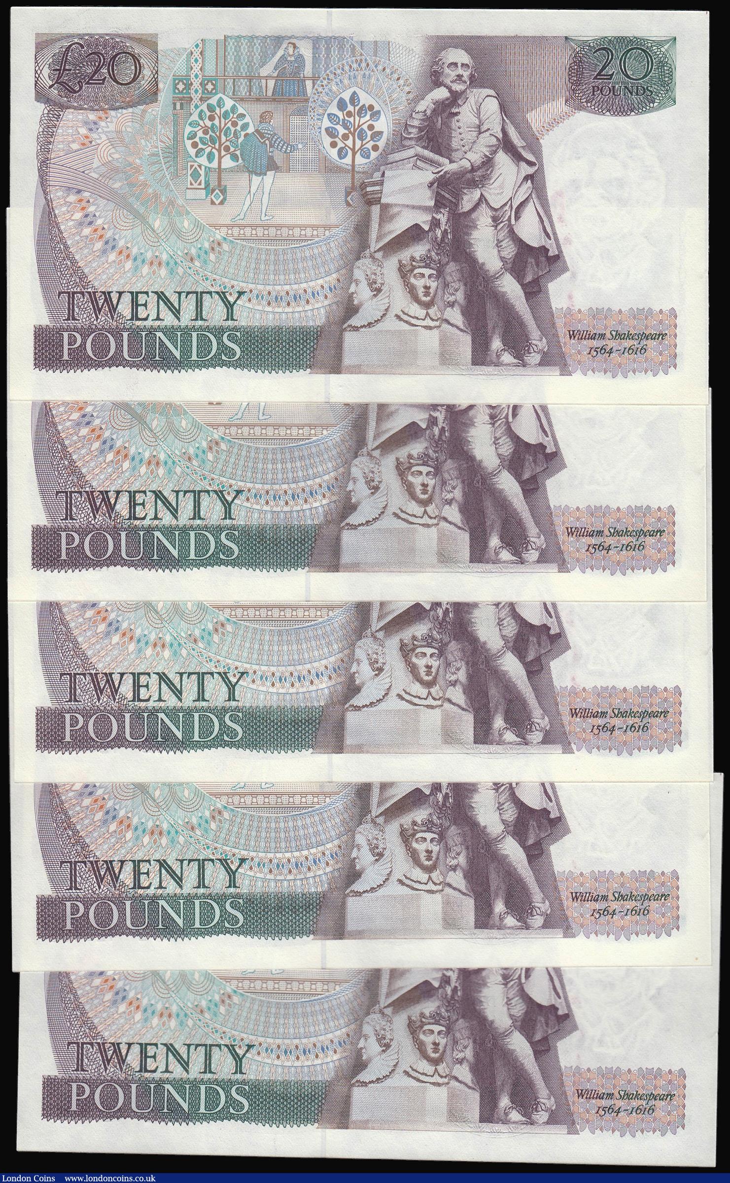London Coins : A173 : Lot 88 : Twenty Pounds Gill B355 Shakespeare Reverse a scarce first run consecutive group of 5 notes, 01L 429...