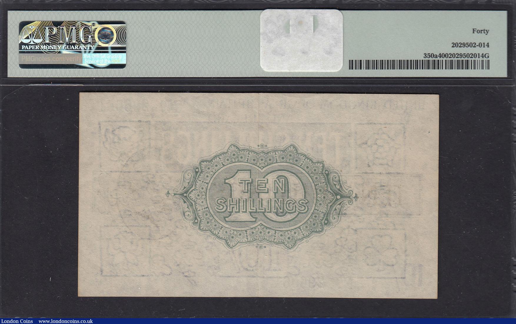 London Coins : A173 : Lot 9 : Ten shillings Bradbury T17 issued 1918 black serial A/8 296061, No. with dot, PMG 40 Extremely Fine