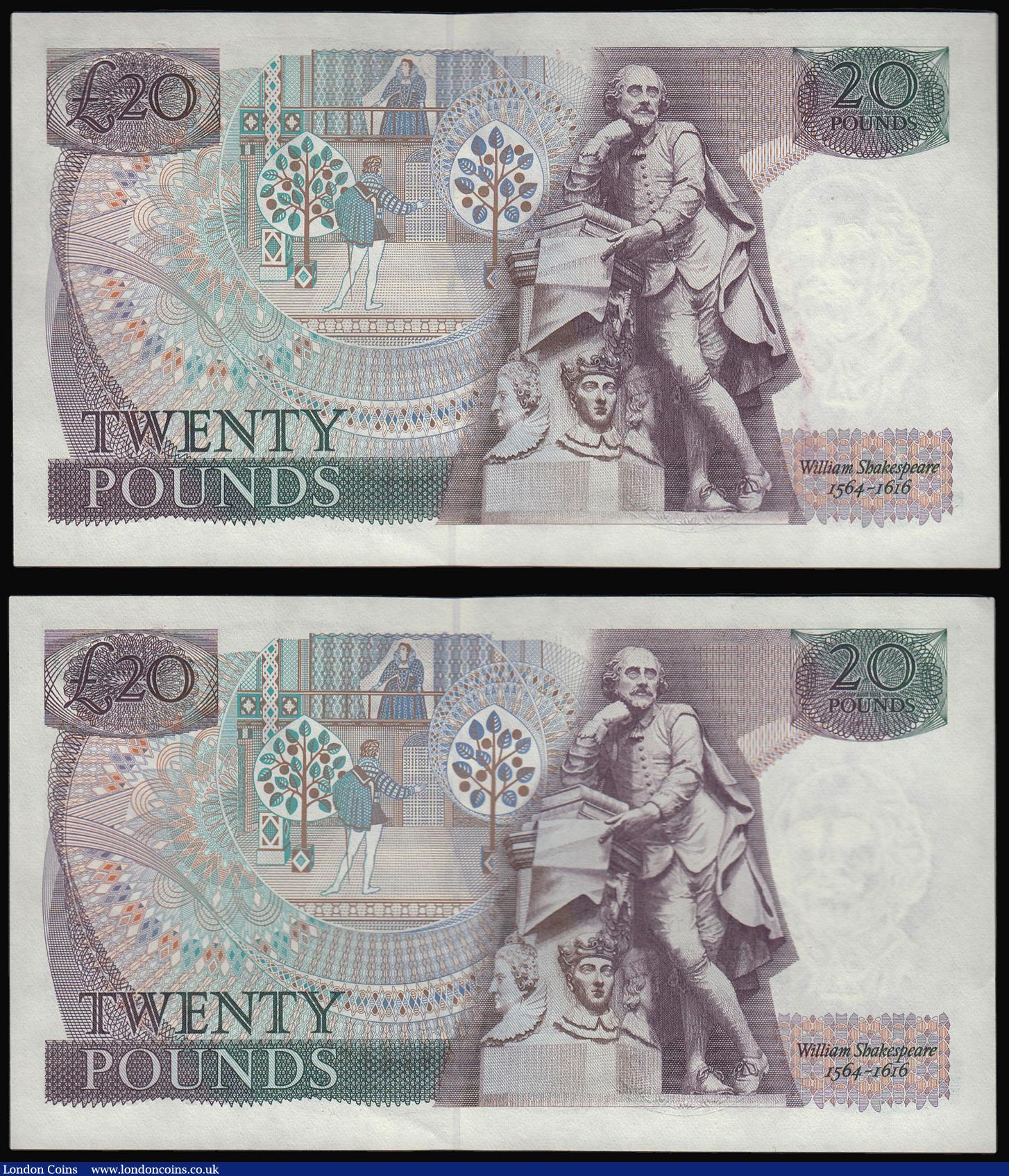 London Coins : A173 : Lot 92 : Twenty Pounds Gill B355 Shakespeare Reverse a scarce first run consecutive pair 01L 429415 and 01L 4...