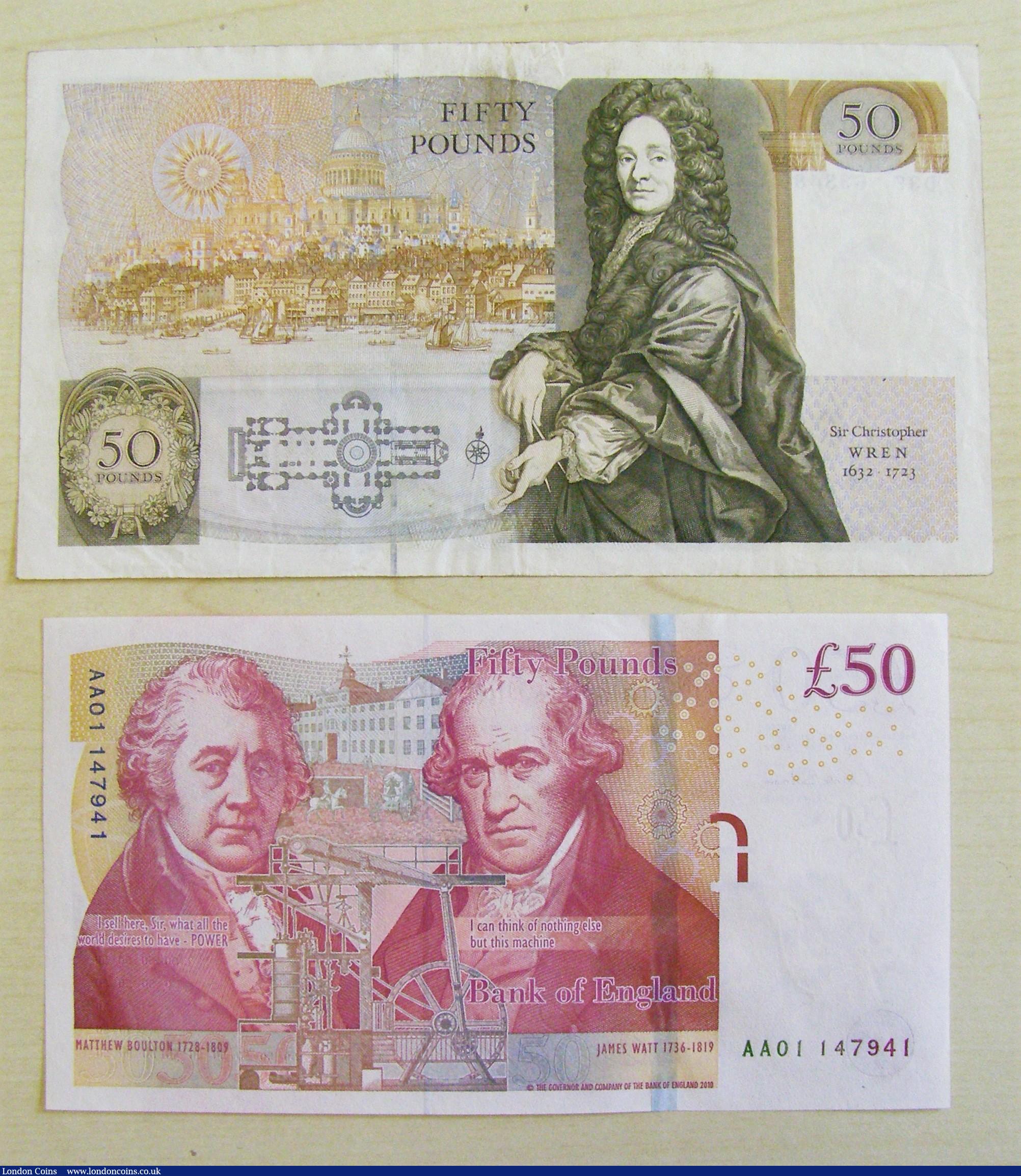 London Coins : A173 : Lot 95 : Fifty Pounds (2) Gill Wren 1988 B356 F-VF, Salmon Boulton and Watt B410 AA01 147941 Unc