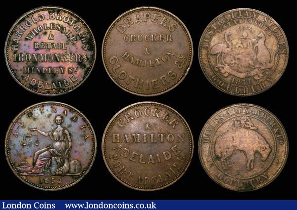 Australia Penny Tokens (3) 1858 Adelaide, South Australia, Harrold Brothers Retail Ironmongers, Reverse: Justice seated left, KM#Tn86 NVF/VF with some surface deposit, scarce, undated, Adelaide, Crocker & Hamilton, Drapers & Clothiers KM#Tn40 NVF, 1837 Goulburn, New South Wales, Davies, Alexander & Co. KM#Tn48 VG : World Coins : Auction 174 : Lot 1151