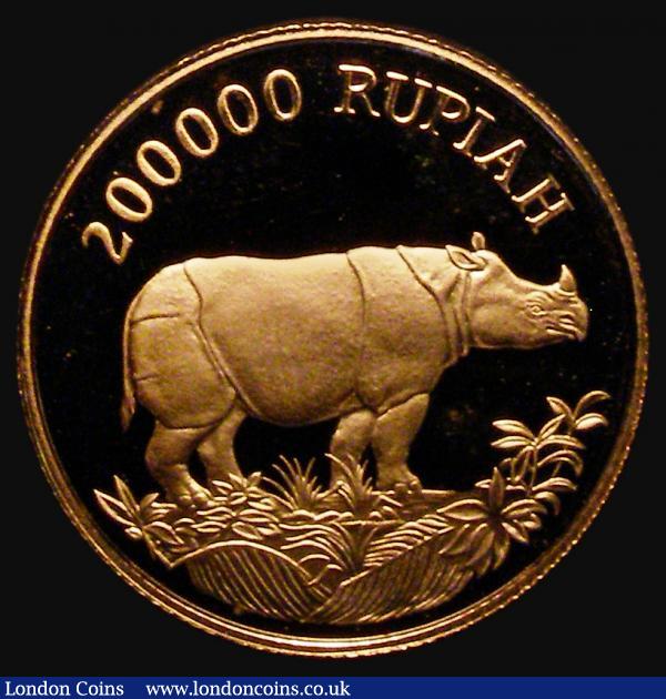 Indonesia 200,000 Rupiah 1987 Javan Rhinoceros Gold Proof KM#46 a small tone spot on the reverse, practically FDC, uncased in capsule  : World Coins : Auction 174 : Lot 1310