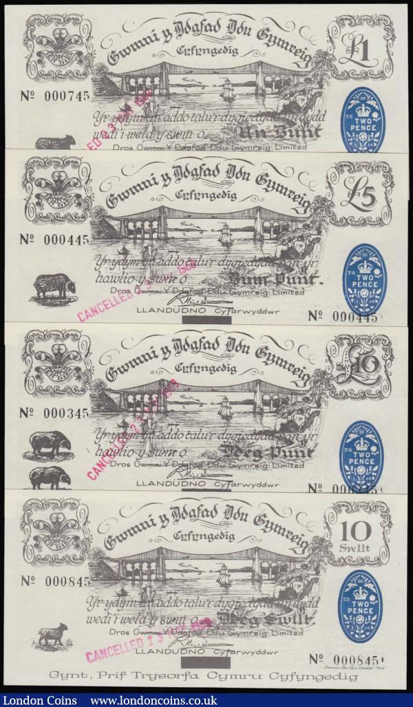 Wales - Black Sheep Company (4) comprising Menai Straits Bridge Ten Swilt No. 000845, Ten Punt No.000345, Five Punt No.000445 and One Punt No.000745 all with red cancelled stamp 23 May 1969, UNC : World Banknotes : Auction 174 : Lot 152