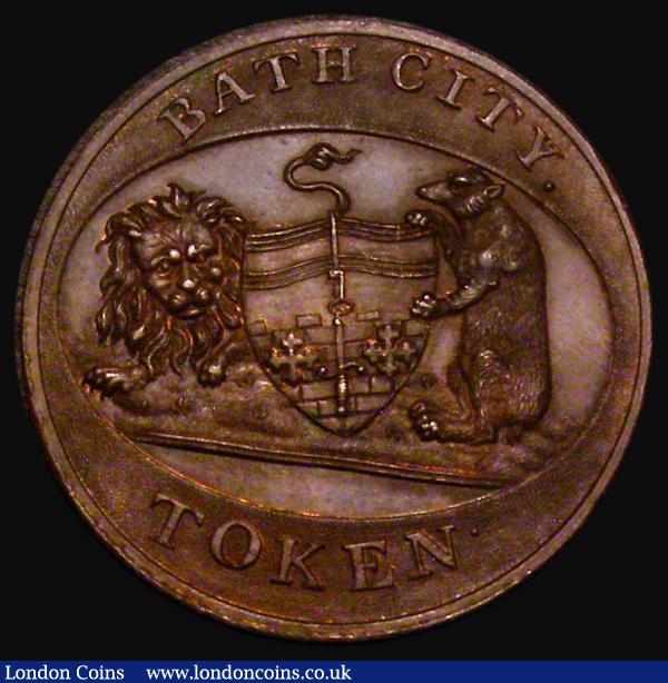 Halfpenny 19th Century Somerset - Bath City Token undated, Private Baths, Stall Street, Obverse: Front view of the building, Reverse: Arms and supporters of Bath, within an oval DH79A/UNC with touches of lustre : Tokens : Auction 174 : Lot 711