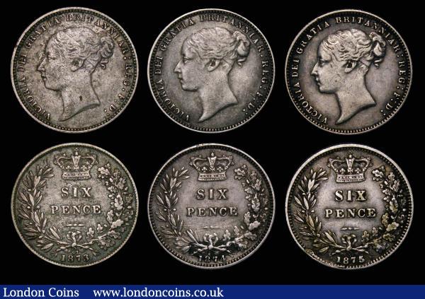 Sixpences (6) 1873 ESC 1727, Bull 3228, Davies 1079 dies 3A, Die Number 67 GF/NVF, 1874 Plain 4 ESC 1728, Bull 3229, Davies 1084, Die Number 56 Good Fine with some stains on the reverse, 1875 ESC 1729, Bull 3230, Davies 1086 dies 4C, Die Number 31 Fine, 1876 ESC 1730, Bull 3231 Die Number 22 Fine/ Good Fine, Rare,1877 No Die Number, Small 77 ESC 1732, Bull 3243 Good Fine, 1878 ESC 1733, Bull 3233 Die Number 45 with the 4 on top of the ribbon, Good Fine : English Bulk Lots : Auction 174 : Lot 925