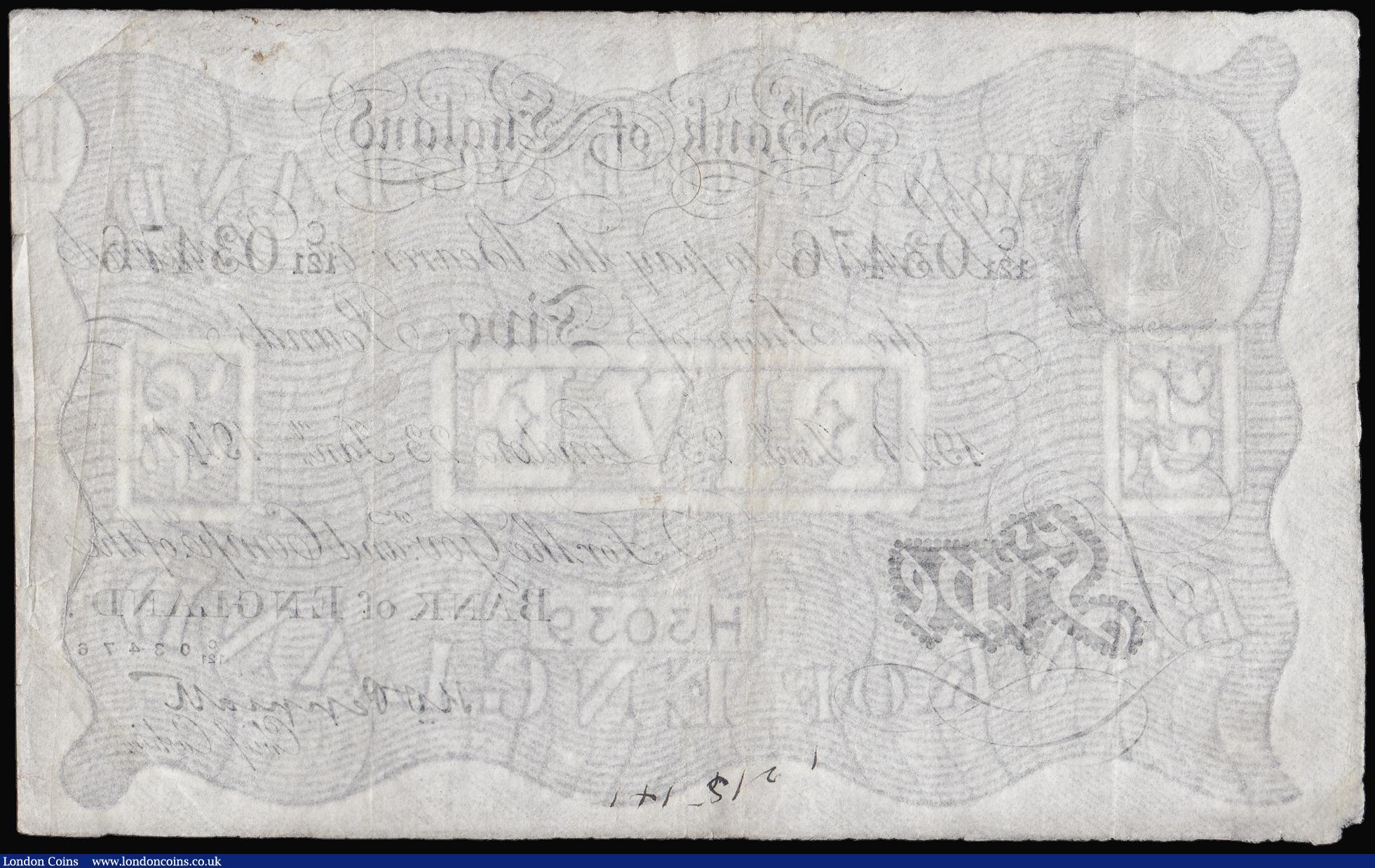 London Coins : A174 : Lot 10 : Five Pounds Peppiatt white B241 London 23rd January 1941, serial number C/121 03476, VF tiny nick le...