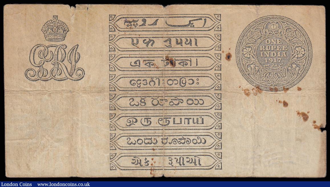 London Coins : A174 : Lot 103 : India 1 rupee 1917 series S/30 765969 signed McWatters, scarcer watermark variety, Pick1c, edge nick...