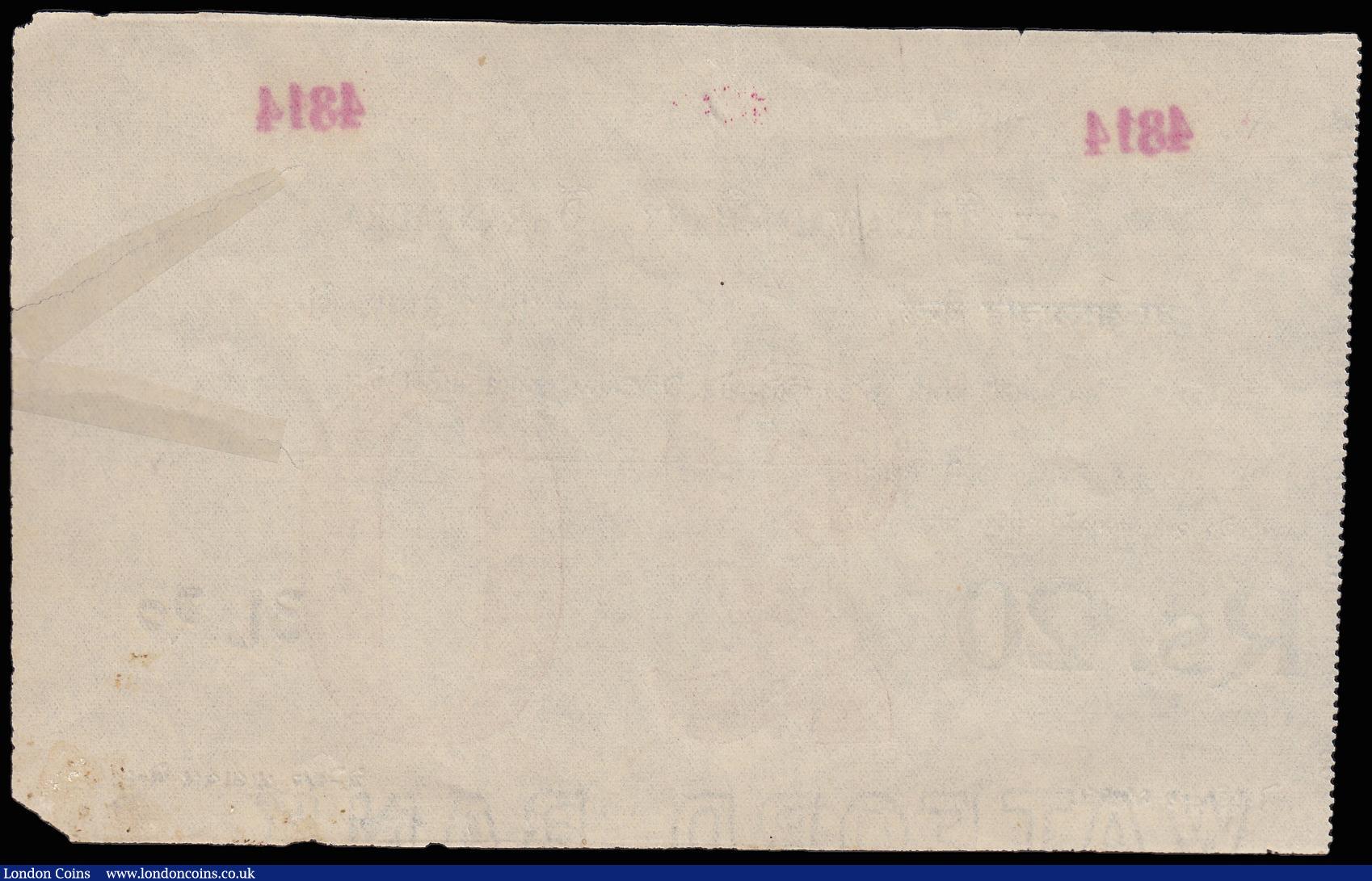 London Coins : A174 : Lot 105 : India Jhalawad Bank, Dhrangadra 20 rupees series No.4314, (watermark in paper says Watford Bank), tw...