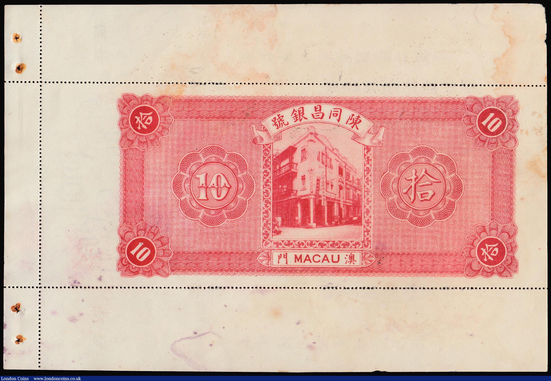 London Coins : A174 : Lot 115 : Macau - Portuguese Administration - Chan Tung Cheng Bank Ten Dollars 1934 issue, Obverse: Black on p...
