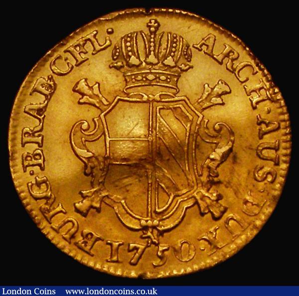 Austrian Netherlands Souverain d'Or 1750 Bruges Mint KM#11 EF with some old scuffs and a flan flaw, struck on a wavy flan, nevertheless a very high grade example and rare thus : World Coins : Auction 174 : Lot 1192