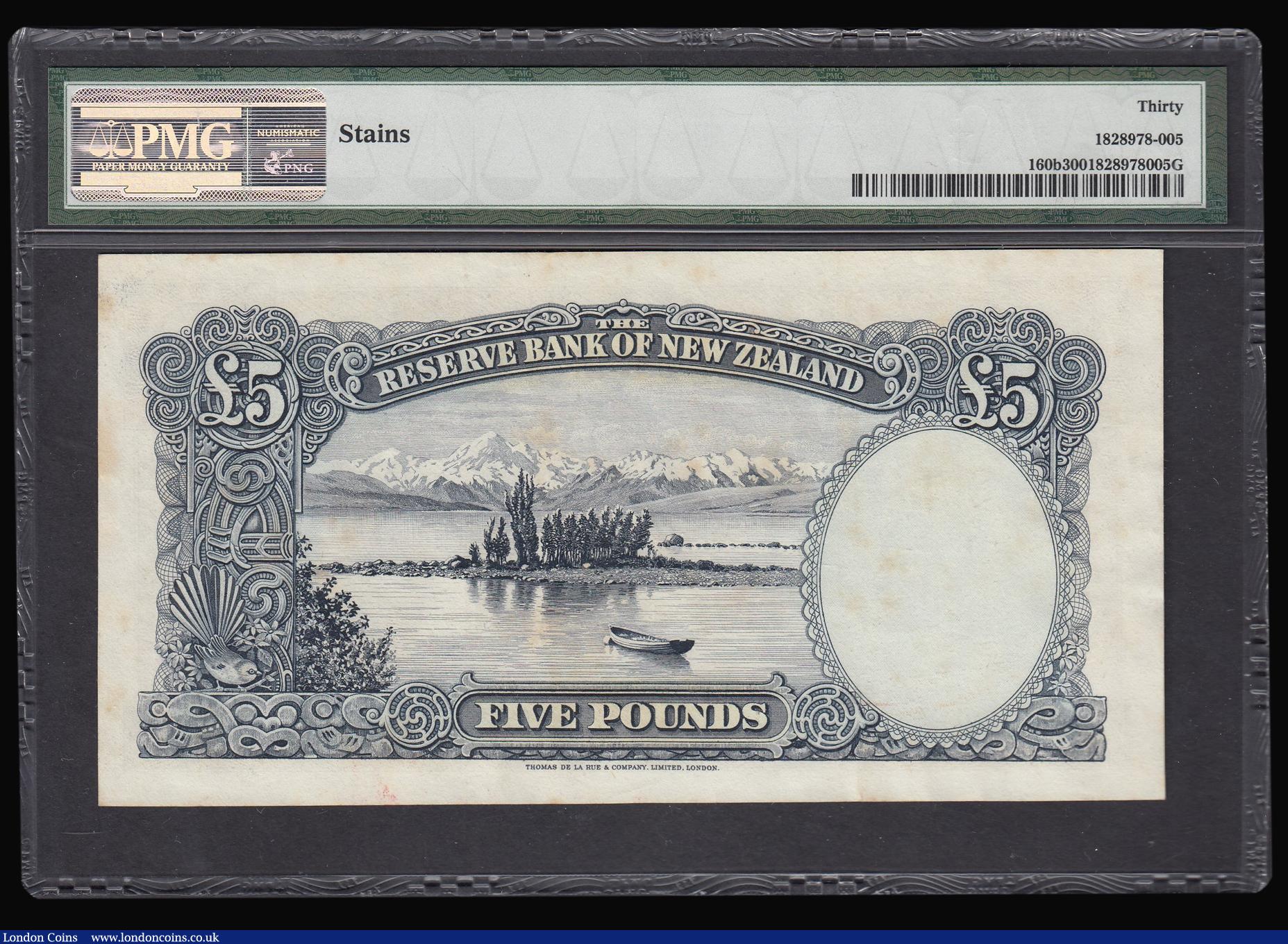 London Coins : A174 : Lot 120 : New Zealand Five Pounds undated 1955-56 issue. Pick 160b Signature Wilson PMG VF30 "stains"...
