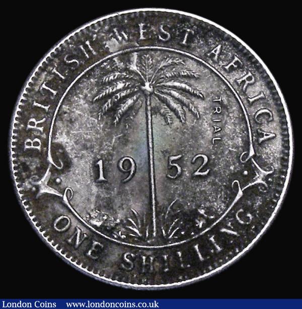 British West Africa Shilling 1952 Trial in Chromed Steel, Obverse with TRIAL written vertically behind the bust, Reverse with TRIAL written vertically in the right field KM#TS1, FT 327 EF with some surface corrosion, Edge mostly Plain with some file marks, Rare. Note: these pieces were made by the Royal Mint in the late 1960s as experimental pieces using old dies. : World Coins : Auction 174 : Lot 1204