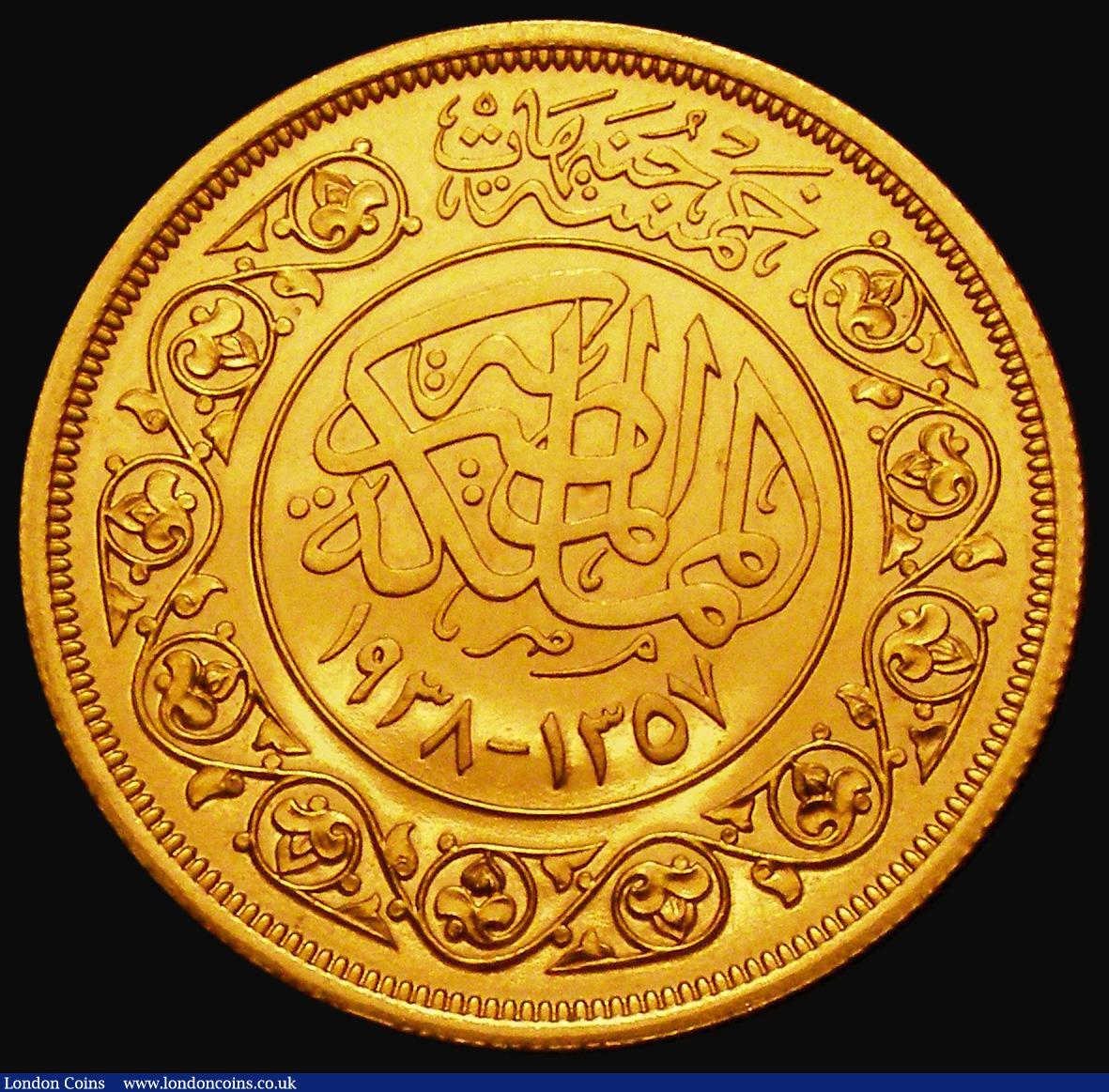 London Coins : A174 : Lot 1246 : Egypt 500 Piastres Gold AH1357 (1938) Proof, Royal Wedding of King Farouk and Safinaz Zulficar, (Que...