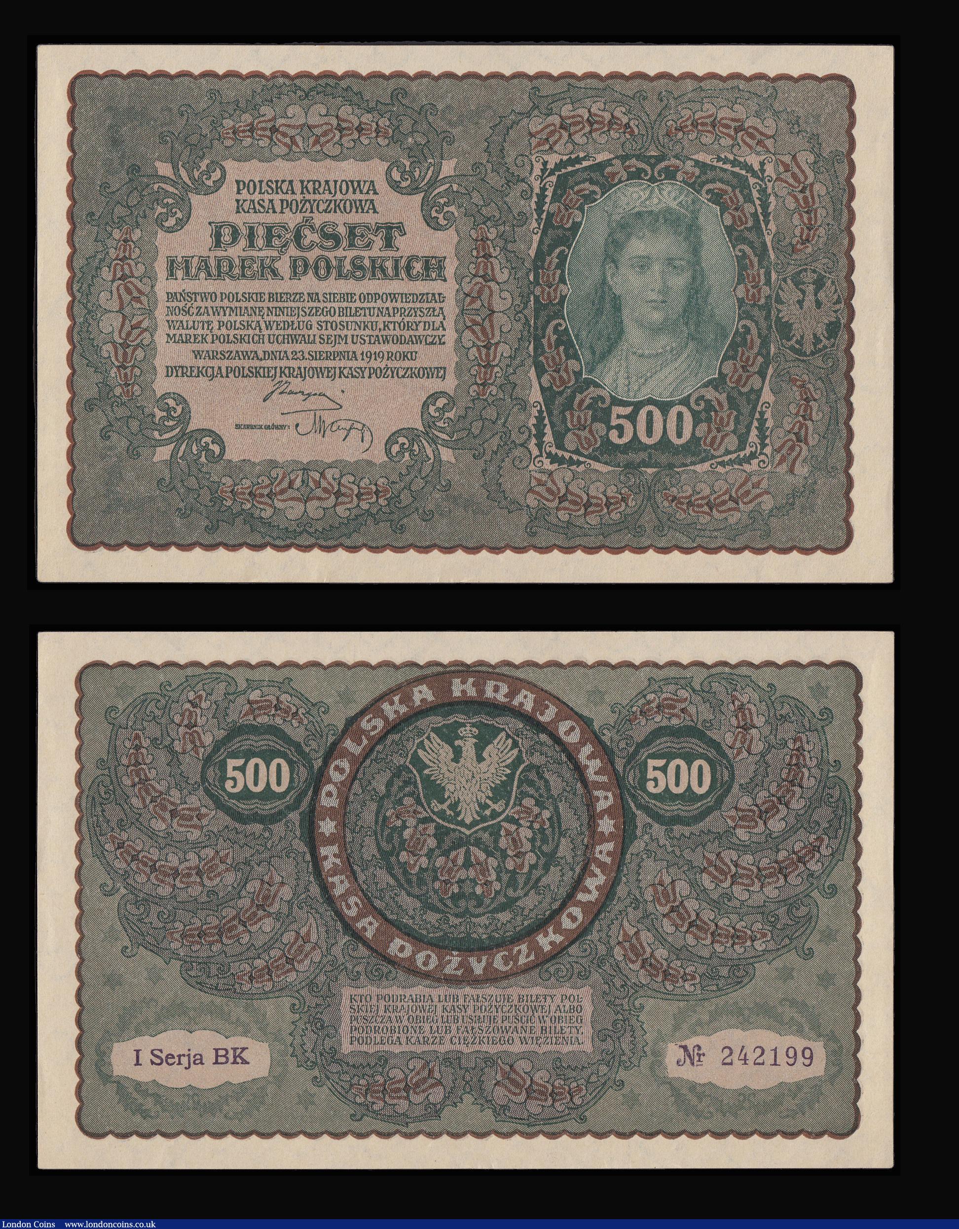 London Coins : A174 : Lot 127 : Poland (3) all dated 1919 to 1920, 500 Marek Pick28a 23.8.1919. Green on brown underprint. Portrait ...