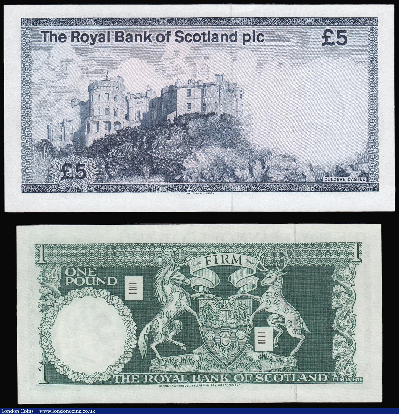 London Coins : A174 : Lot 137 : Scotland The Royal Bank of Scotland (2) One Pound 19th March 1969 Pick 329 Unc and Five Pounds 3rd J...