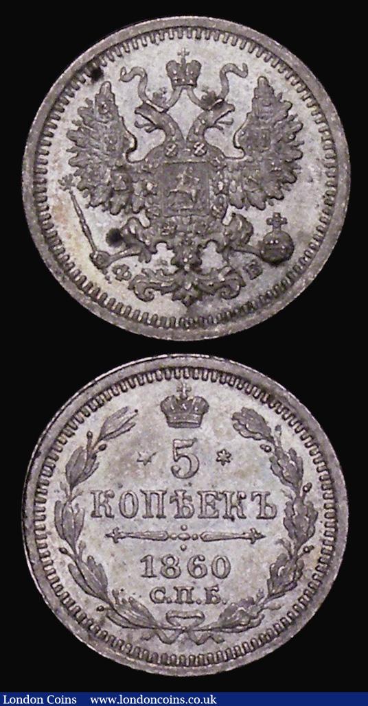 Russia Five Kopeks (2) 1856 C#163 EF/NEF and nicely toned, 1860 Y#19.2 A/UNC and nicely toned, the obverse with two darker spots : World Coins : Auction 174 : Lot 1380