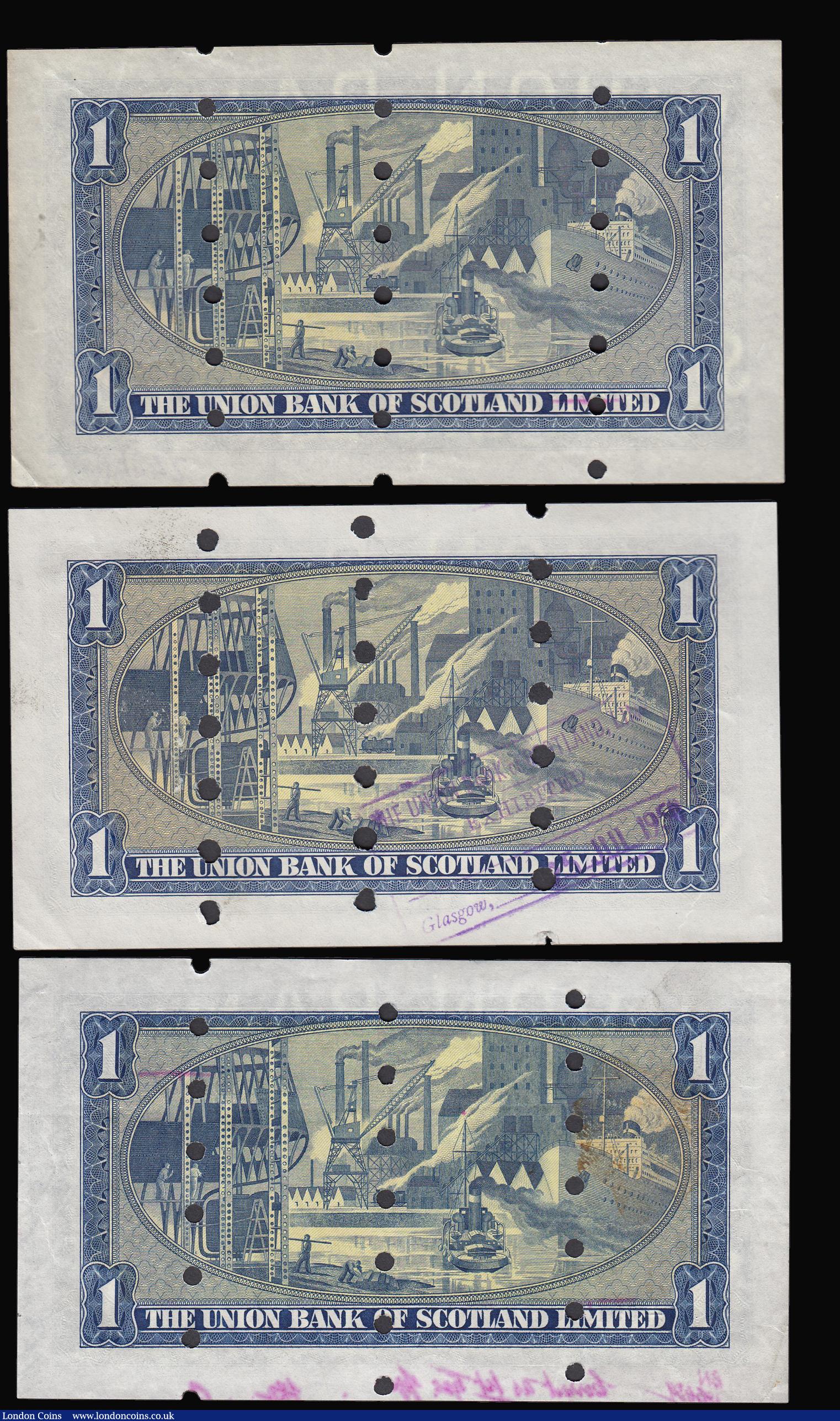 London Coins : A174 : Lot 143 : Scotland The Union Bank of Scotland One Pounds Specimens, punch holed cancelled  Pick S816s (3) thes...