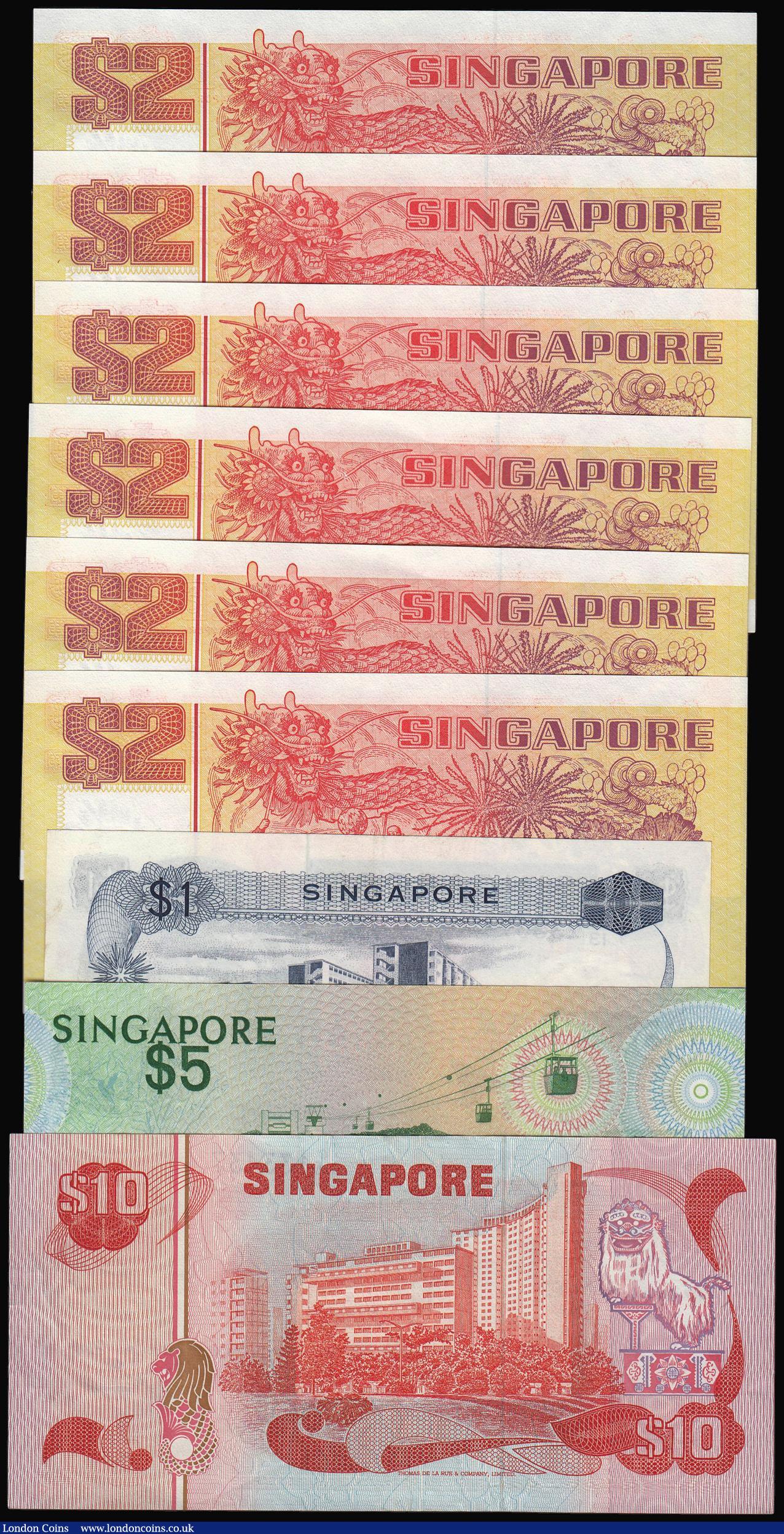 London Coins : A174 : Lot 144 : Singapore $1 (1976) Pick 9 Unc, $5 (1976) Pick 10 Unc, $10 (1980) Pick 11b, $2 (1990) Pick 27 (6) al...