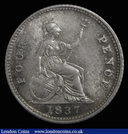 London Coins : A174 : Lot 1640 : Groat 1837 ESC 1922, Bull 2520, Davies 383 dies 1A UNC and choice, with flashes of toning, in an LCG...