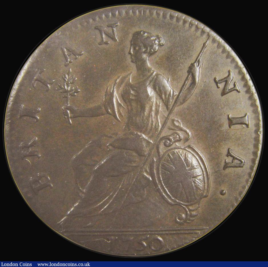 London Coins : A174 : Lot 1763 : Halfpenny 1750 Peck 880 GEF in an LCGS holder and graded LCGS 65, Ex-Andrew Wayne Collection, London...