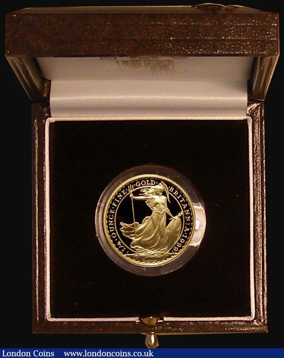 London Coins : A174 : Lot 182 : Britannia £25 Gold Proof Quarter Ounce FDC in the Royal Mint Box with certificate the box lid ...