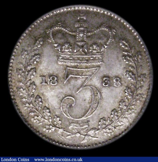 London Coins : A174 : Lot 2072 : Threepence 1838 ESC 2048, Bull 3362 UNC with touches of original gold tone, in an LCGS holder and gr...