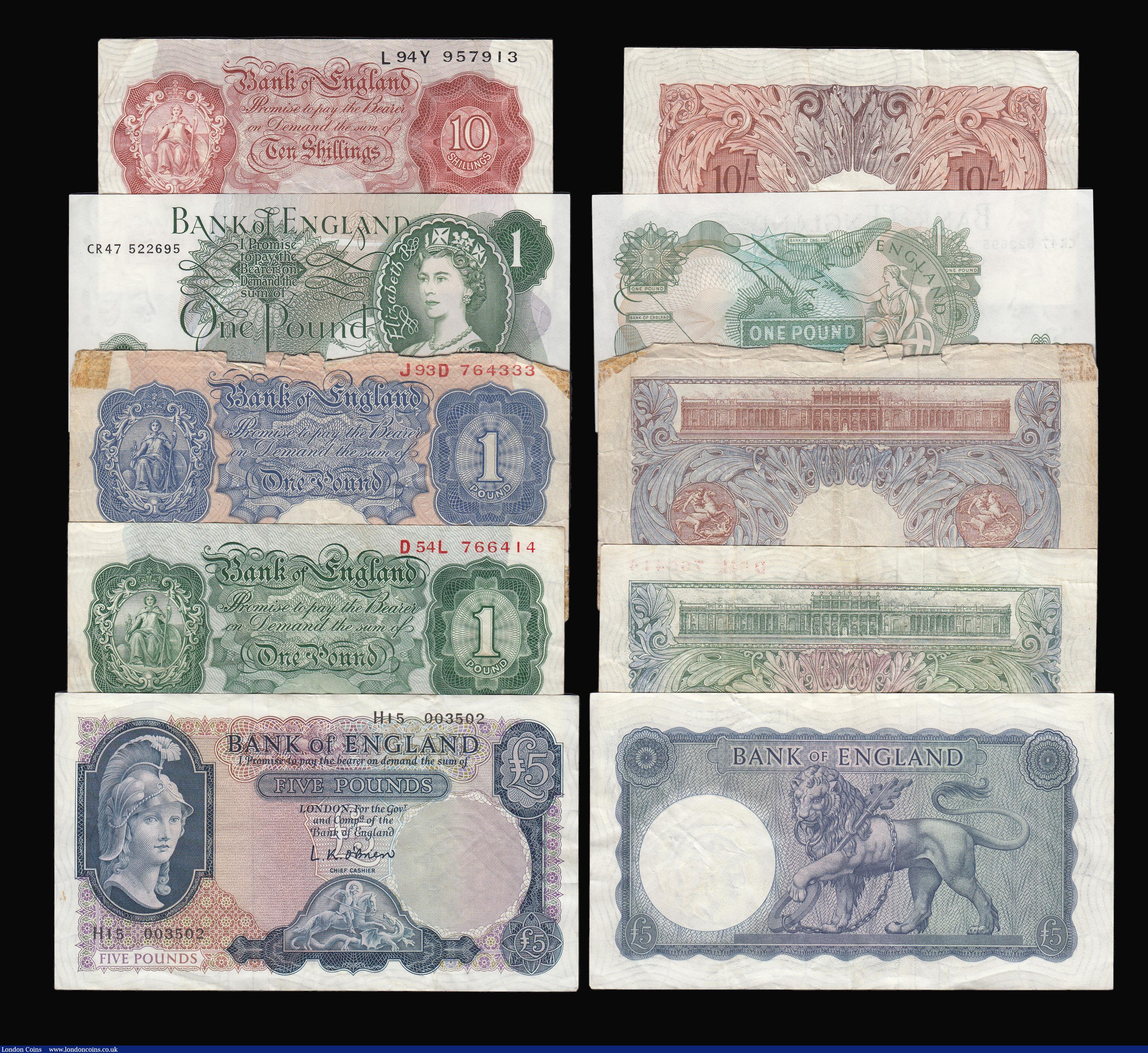 London Coins : A174 : Lot 40 : Five Pounds O'Brien Lion and Key H15 prefix VF. One Pounds (11) Peppiatt Blue J93D Good, O'...
