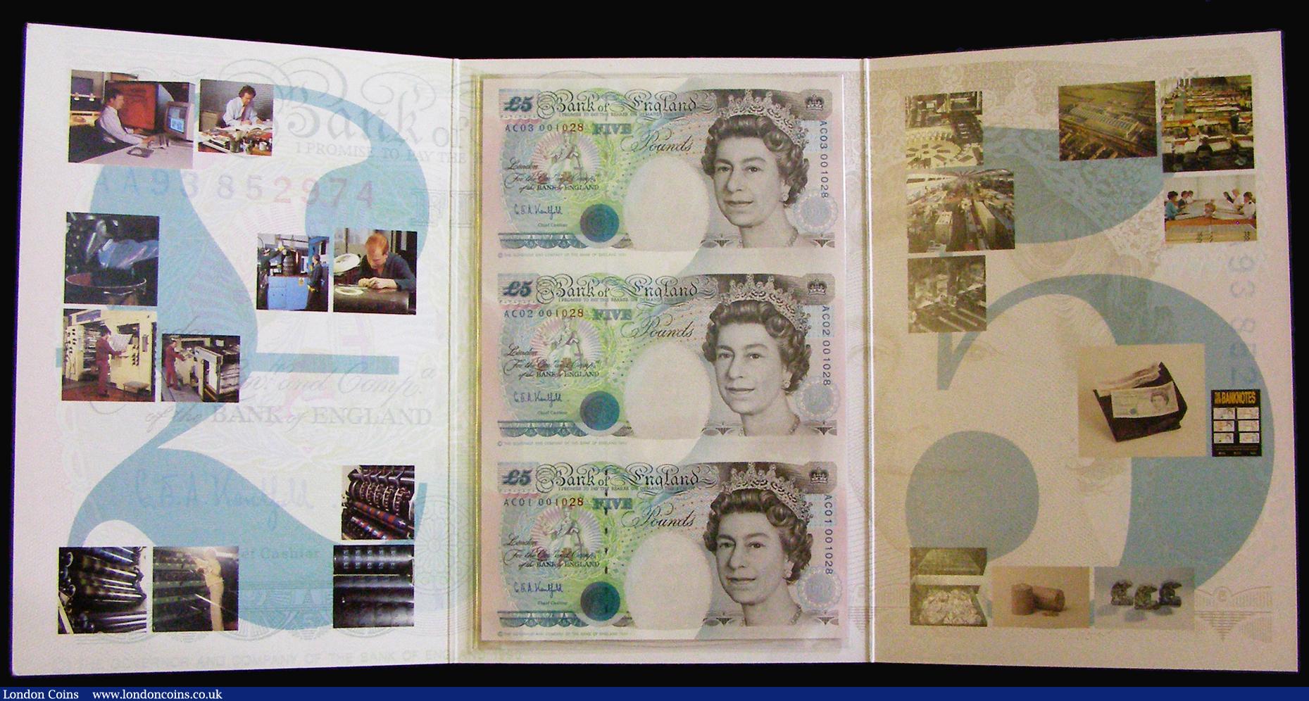 London Coins : A174 : Lot 52 : Five Pounds Debden Set C108 Five Pounds Kentfield First Sheetlet 1993 an uncut sheet of 3x Five Poun...