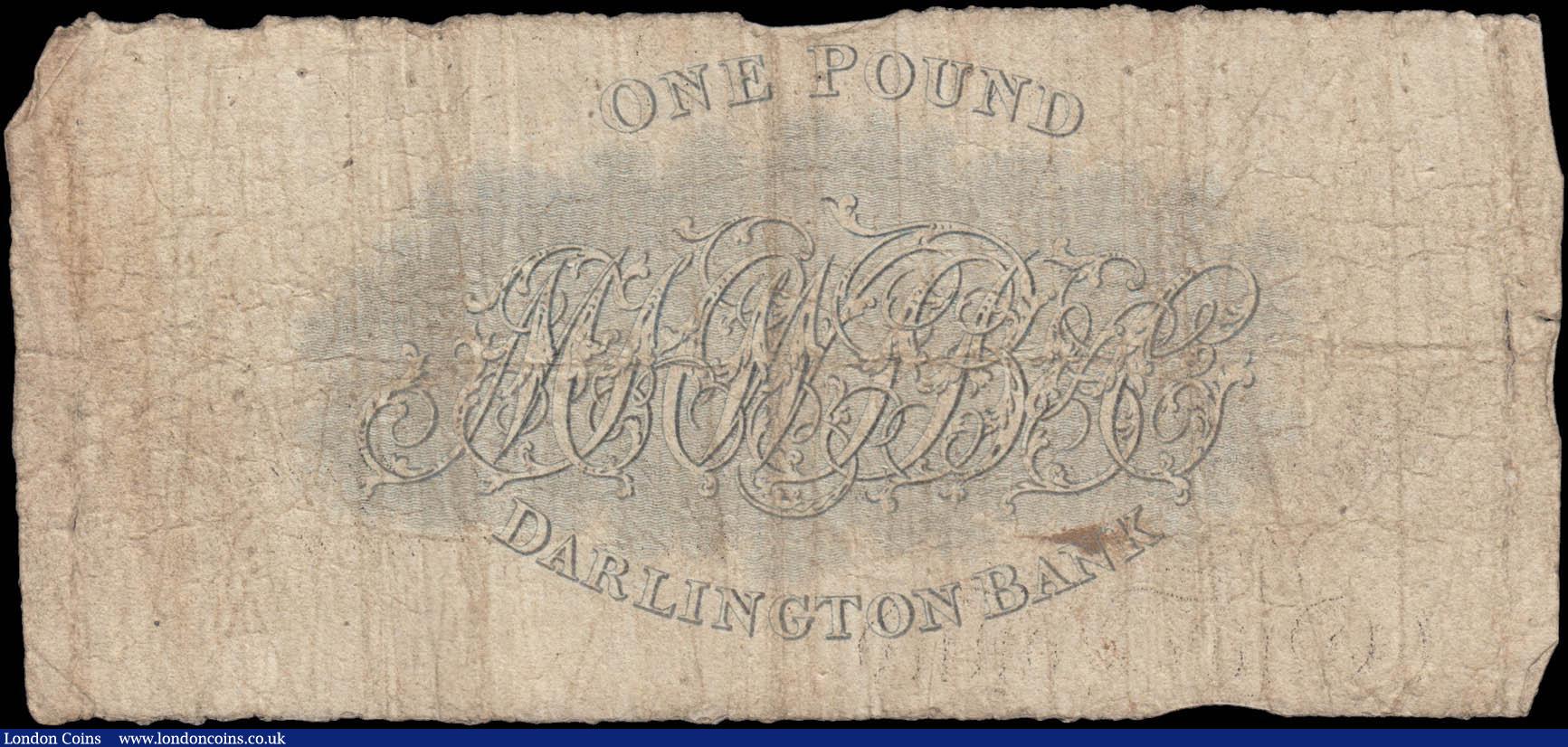 London Coins : A174 : Lot 54 : Darlington Bank 1 Pound FIRST year for this type dated 6th September 1813 number A382 for Mowbr...