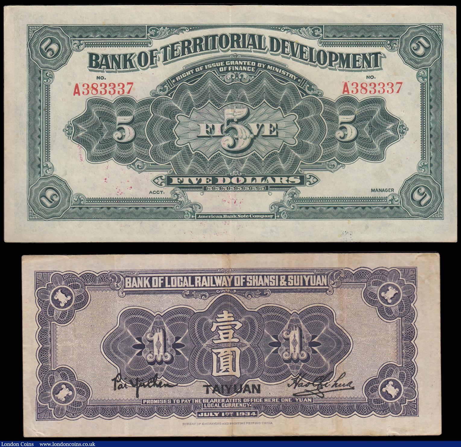 London Coins : A174 : Lot 66 : China (2) Bank of Local Railway of Shansi & Suiyan issued TAIYUAN 1934 series Z0480058, Pick1294...
