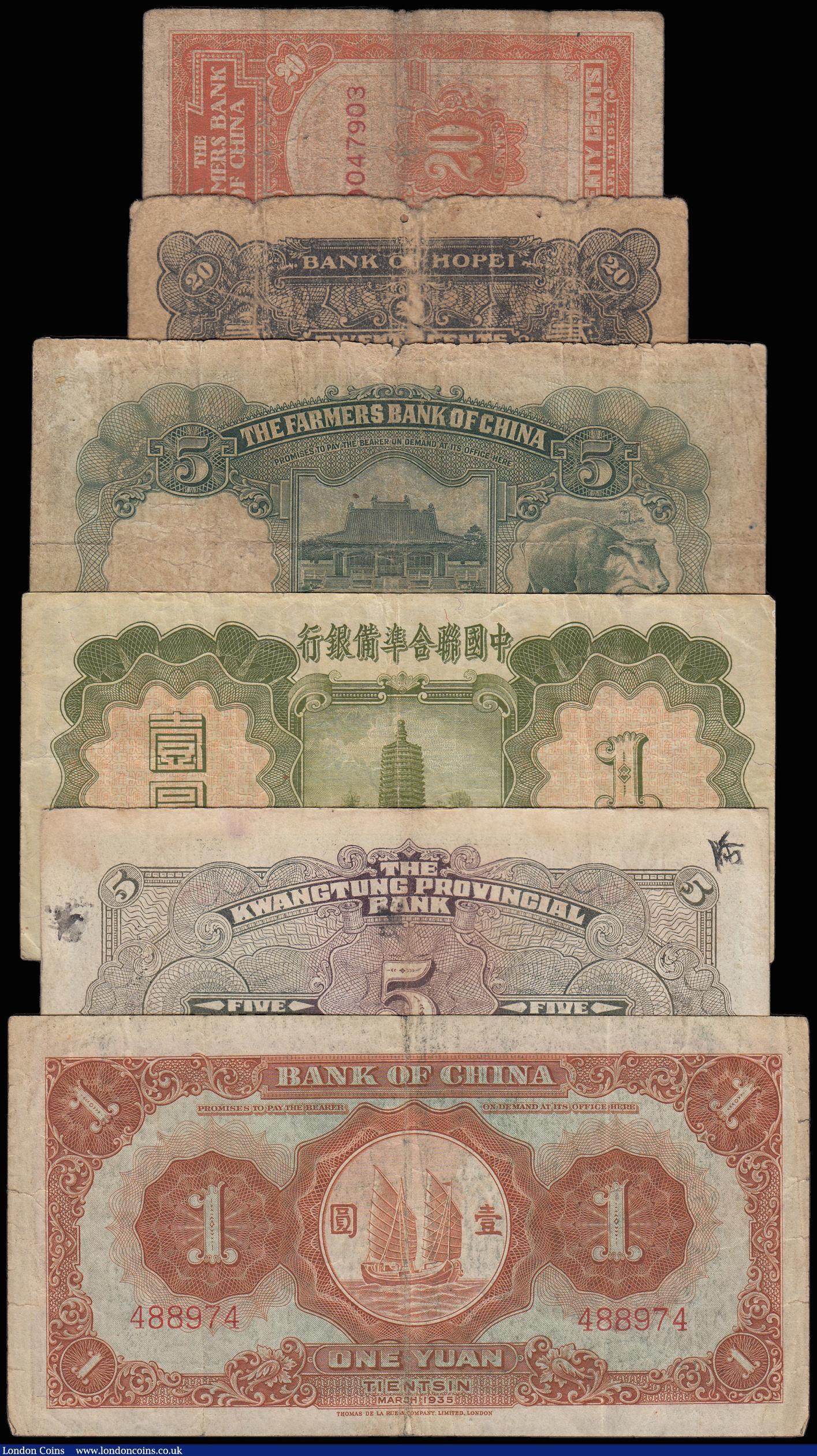London Coins : A174 : Lot 67 : China (6) Bank of Hopei 20 cents 1929 Pick s1712 Good, Kwangtung Provincial Bank $5 1936 Pick s2443,...
