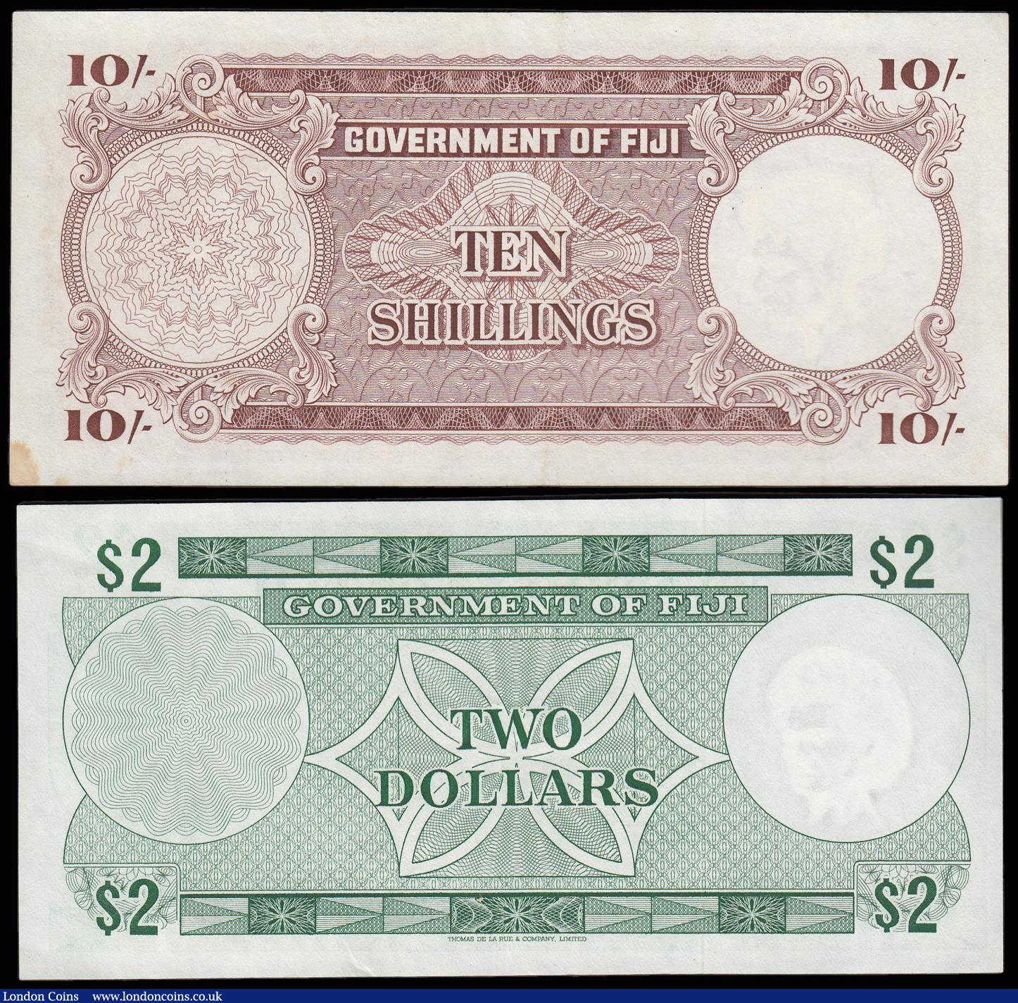 London Coins : A174 : Lot 86 : Fiji (2) $2 issued 1971 series A/4 851237, signed Wesley Barrett, QE2 Annigoni portrait, Pick65a, GE...