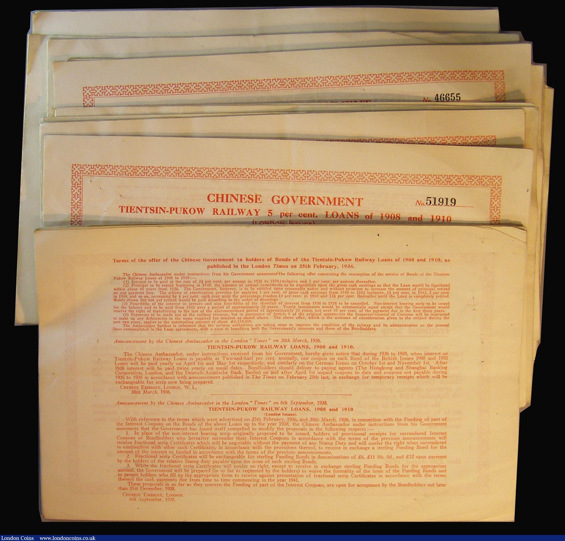 London Coins : A175 : Lot 10 : China, Chinese Government, Tientsin-Pukow Railway 1908 and 1910 (London Issues) 5% Loan 1938 Fractio...