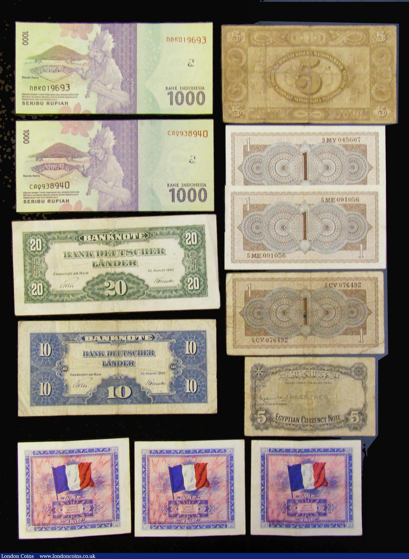 London Coins : A175 : Lot 100 : Egypt 5 Piastres Law 50 1940 issue series F/5 about Fine, France series of 1944 squares 2 Cents gree...