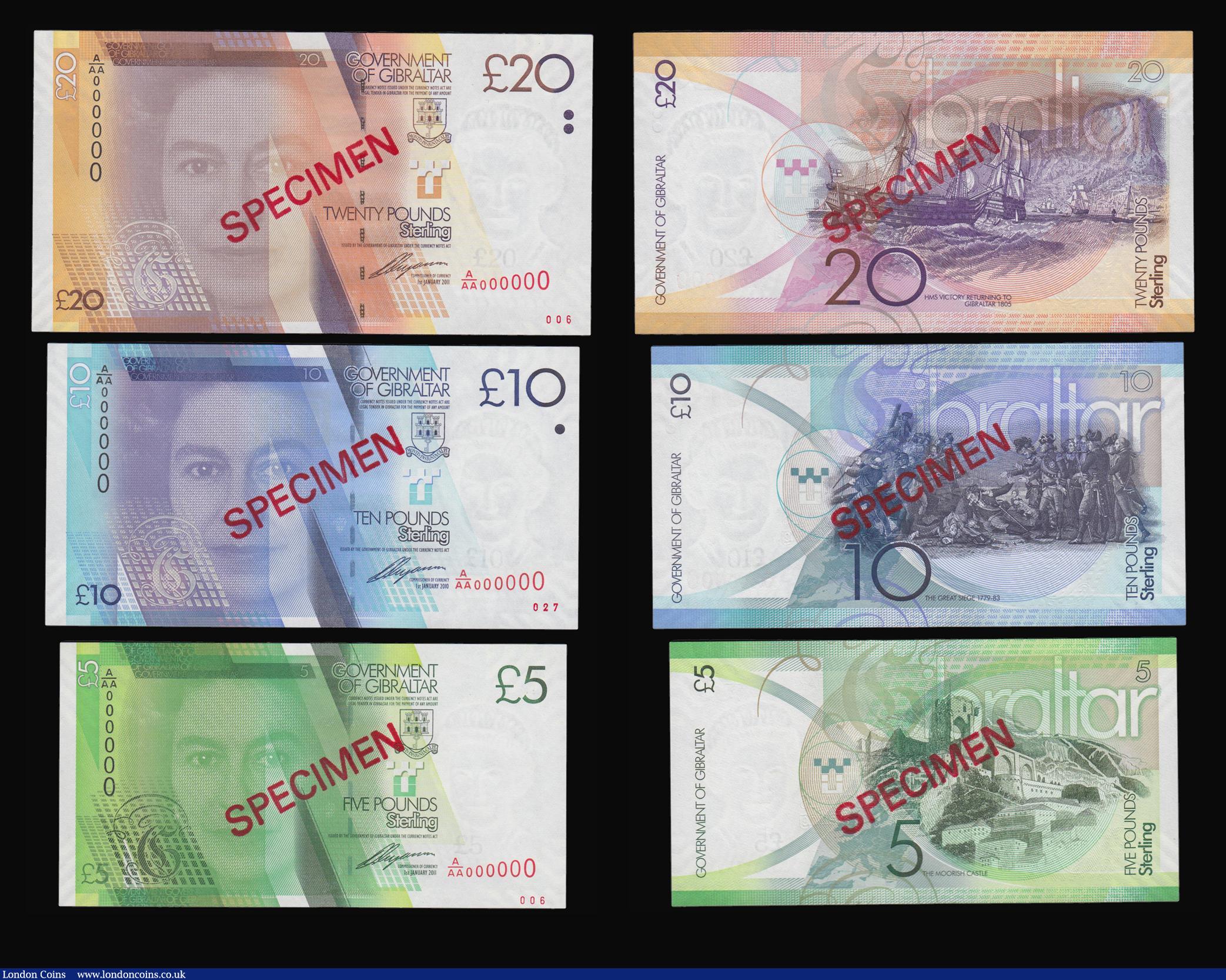 London Coins : A175 : Lot 108 : Gibraltar set of Specimens (5 notes) £5 1 January 2011 A/AA 000000 (006 in bottom right corner...