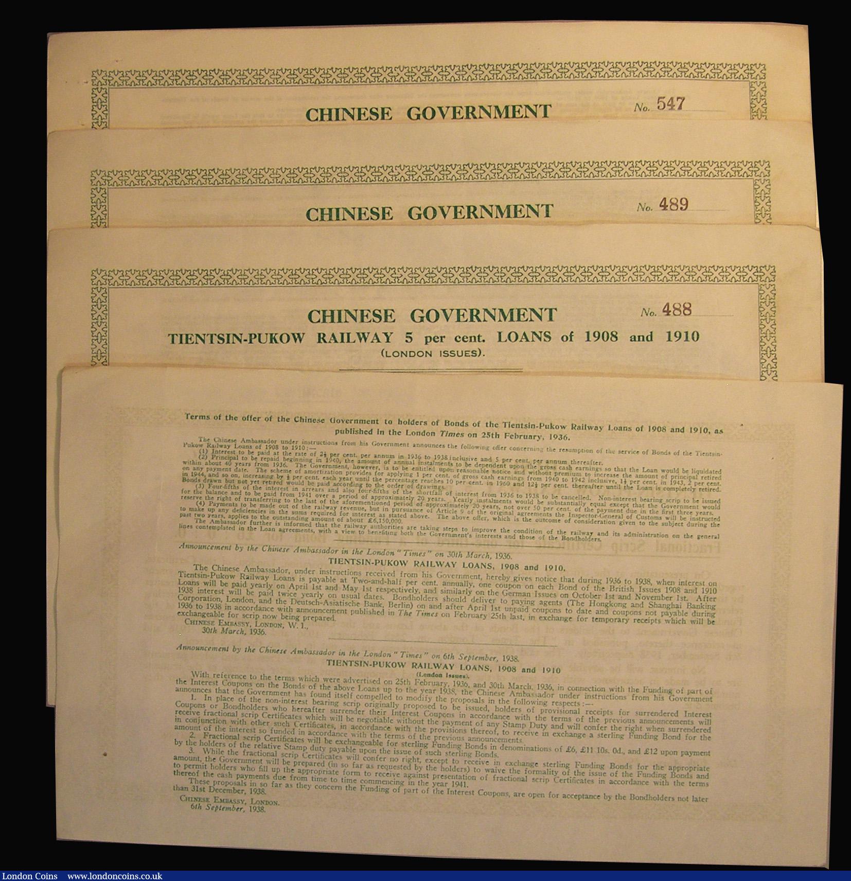 London Coins : A175 : Lot 11 : China, Chinese Government, Tientsin-Pukow Railway 1908 and 1910 (London Issues) 5% Loan 1938 Fractio...