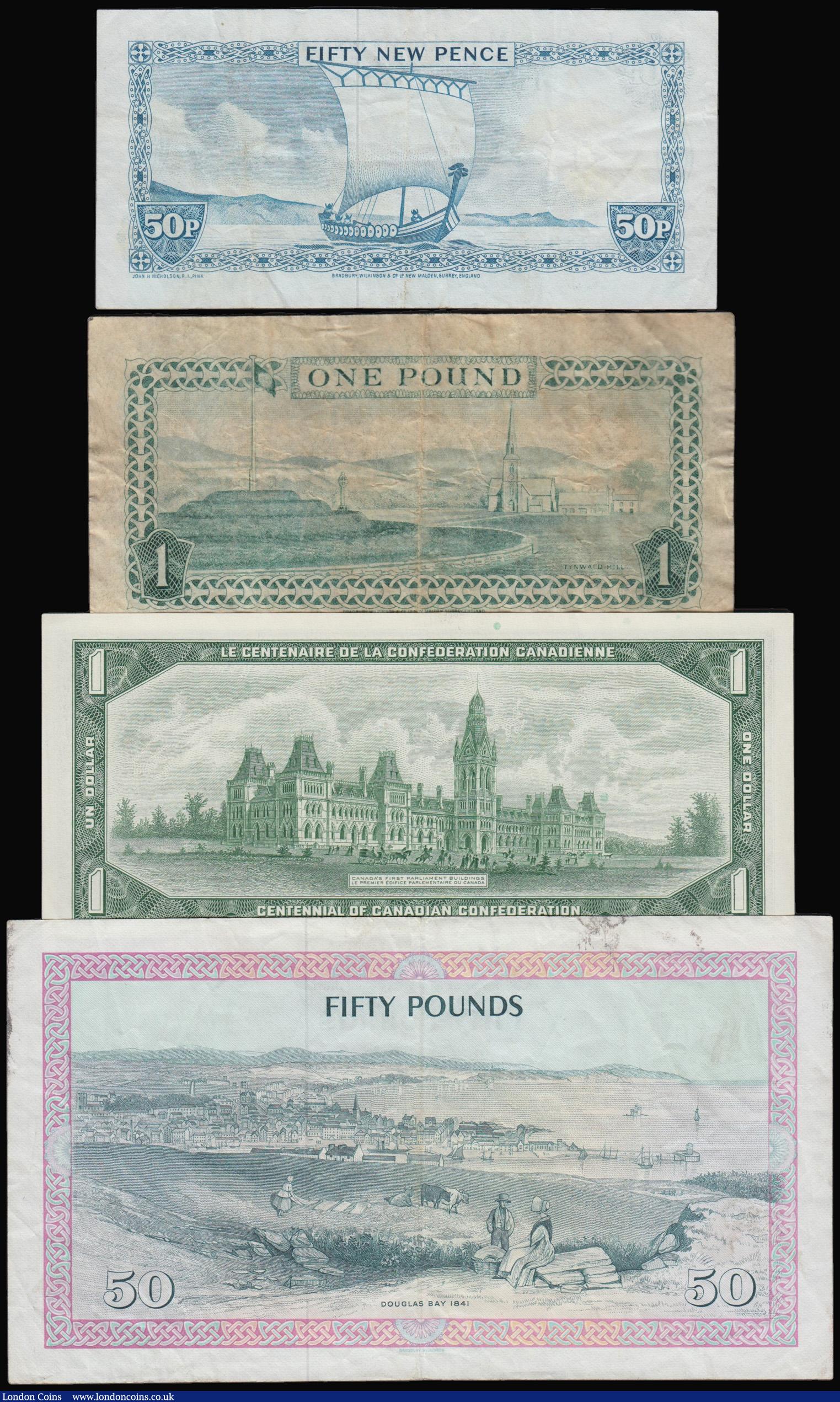 London Coins : A175 : Lot 110 : Isle of Man (3) Fifty Pounds Dawson 1983 Pick 39 AVF, One Pound Dawson 1983 Pick 38 Fine, 50 Pence P...