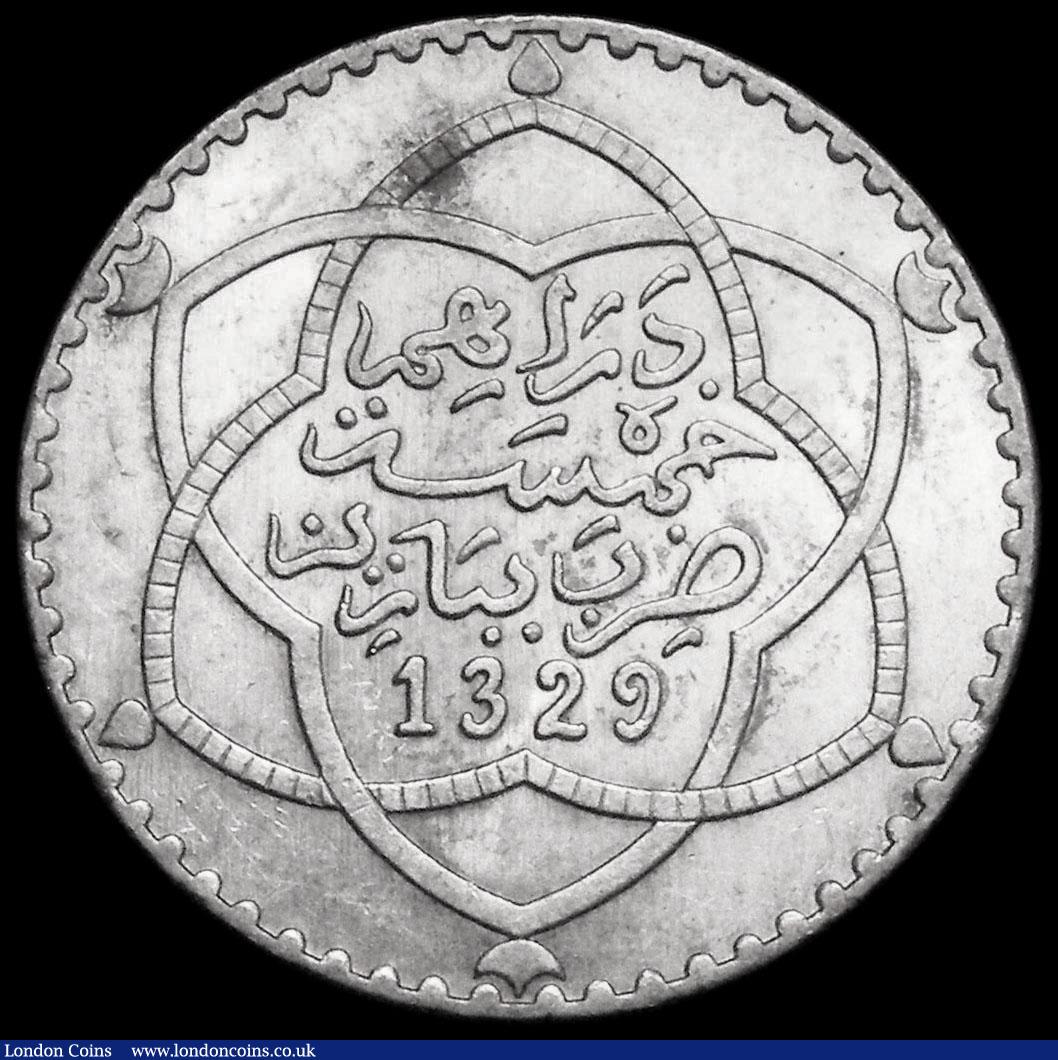 London Coins : A175 : Lot 1107 : Morocco Half Rial (5 Dirhams) AH1329 Y#24 UNC and lustrous with a few small toning areas