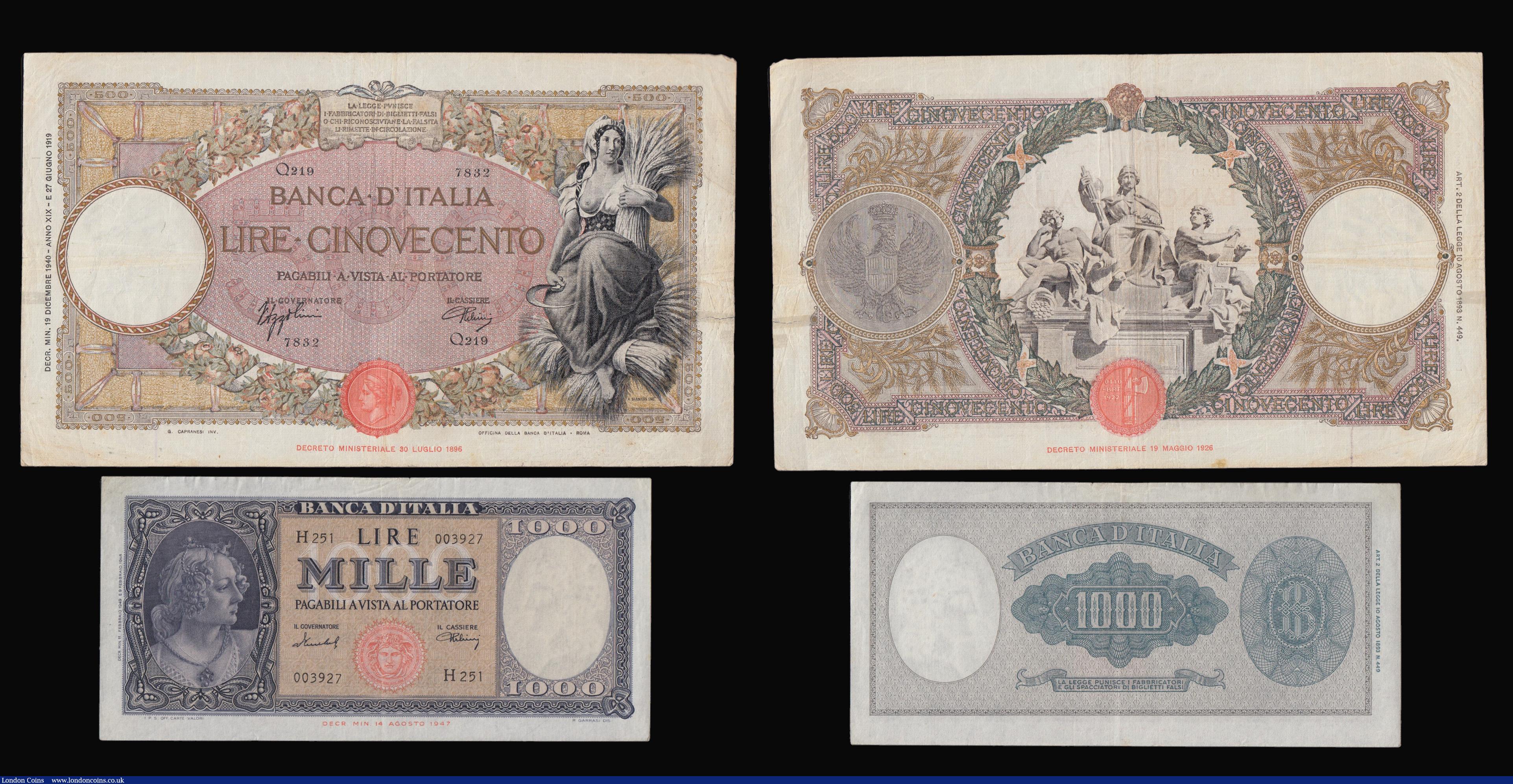 London Coins : A175 : Lot 114 : Italy (5) a collectible group consisting of some very collectible notes as the 1000 Lire "Ornat...