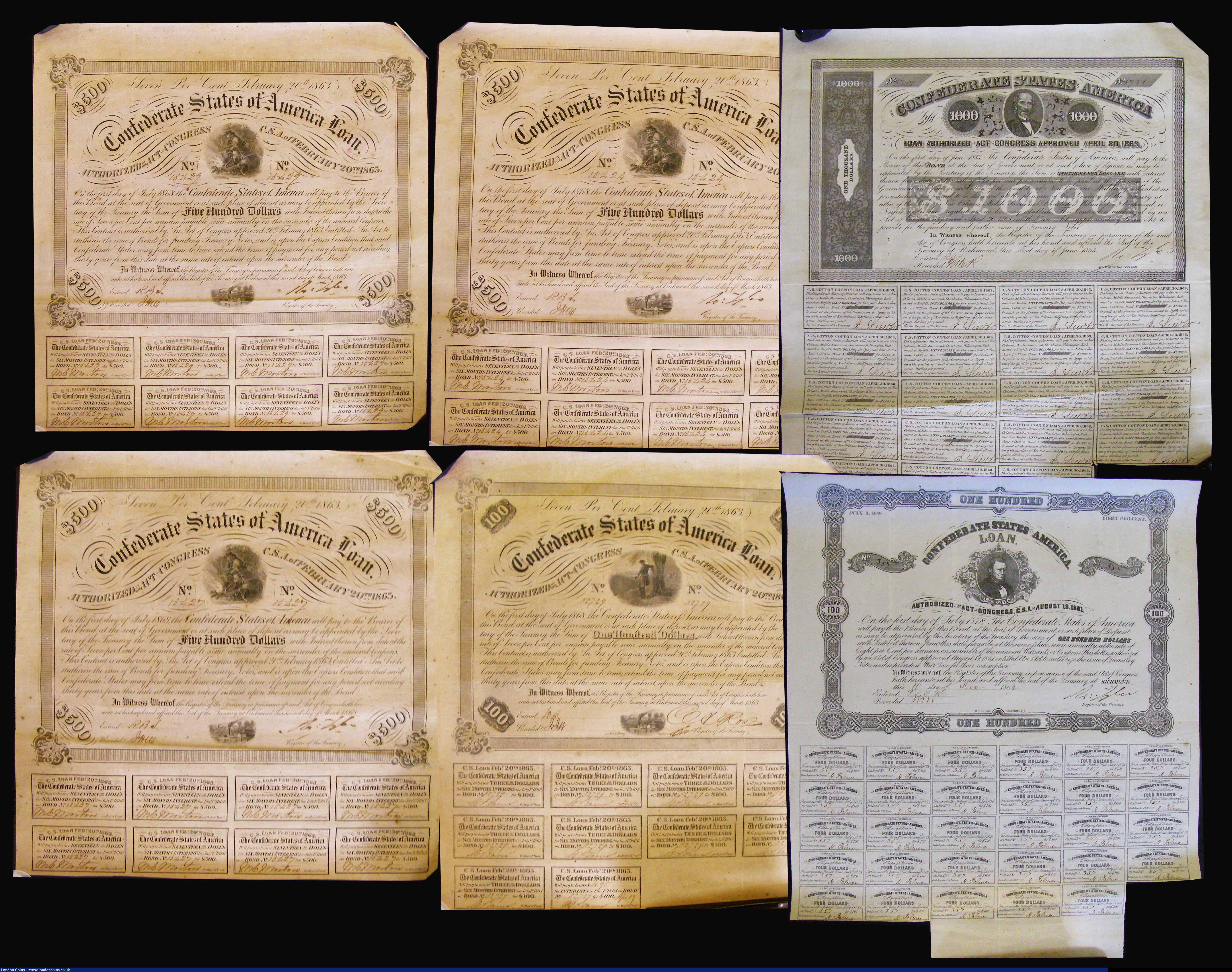 London Coins : A175 : Lot 12 : USA Confederate States - Richmond (12) 1861 $100 8% Loan, Act of August 19th, 1861, Fine with all bu...