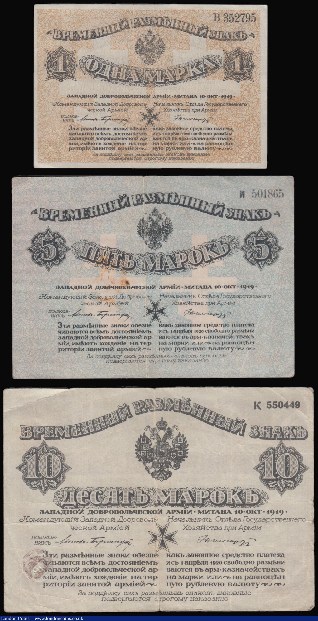 London Coins : A175 : Lot 125 : Russia - Latvia - Mitau Kassenscheine B series NW Independence Army 10 Oct 1919 issues (3) 1 Mark bl...