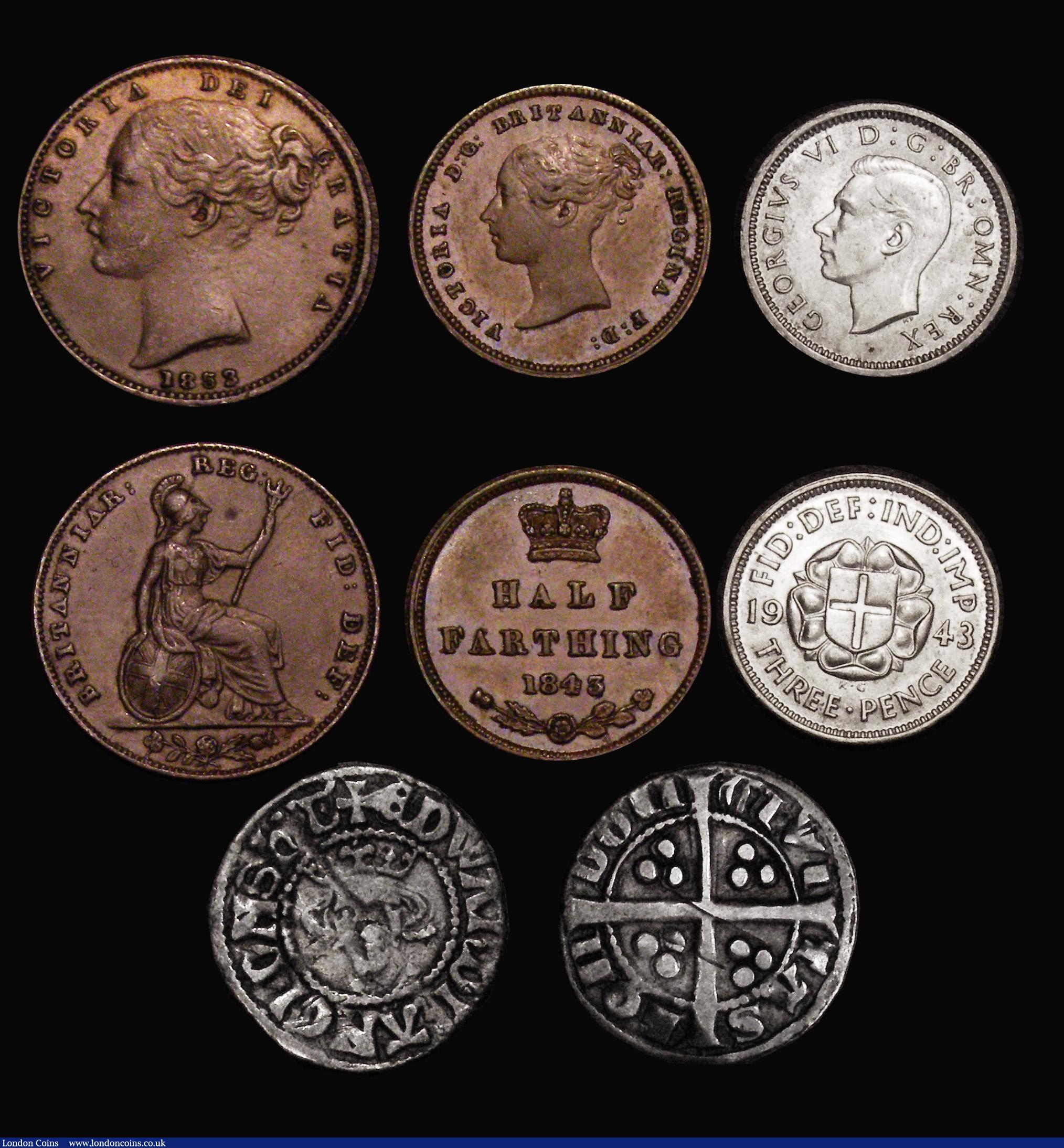 London Coins : A175 : Lot 1384 : Threepence to Half Farthing (6) Silver Threepence 1943 Lustrous UNC, Twopence 1797 Peck 1077 NVF wit...