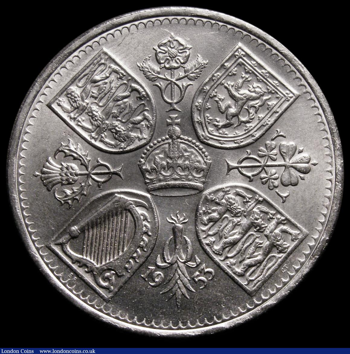 London Coins : A175 : Lot 1492 : Crown 1953 ESC 393F, Bull 4330, Davies 2281 dies 2A, I of GRATIA points to a space, Choice UNC in an...