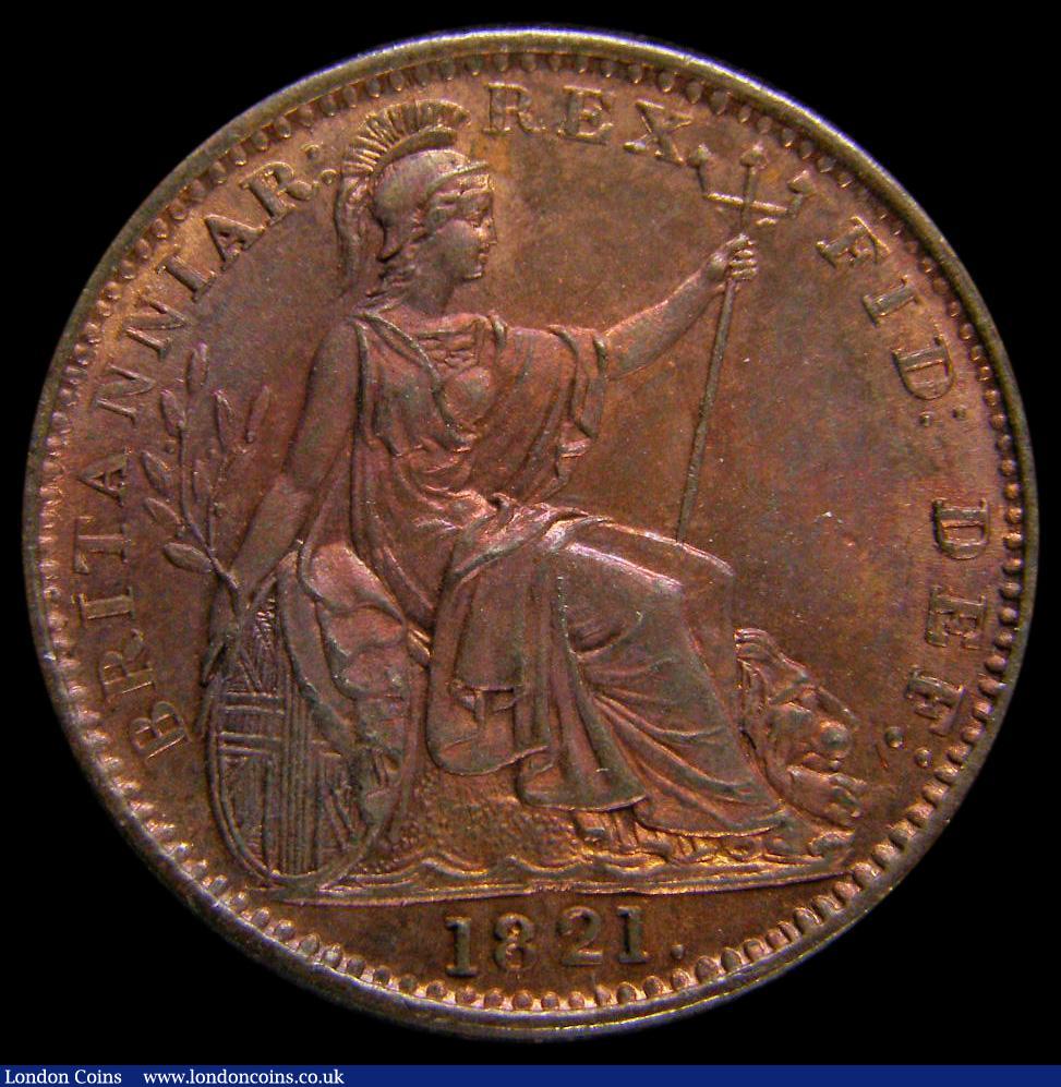 London Coins : A175 : Lot 1505 : Farthing 1821 Obverse 1, UNC, a choice example with trace of lustre, blue and magenta toning further...