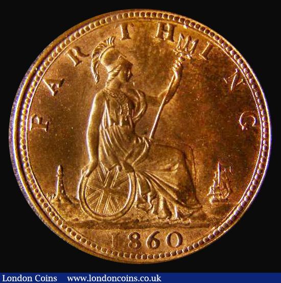 London Coins : A175 : Lot 1521 : Farthing 1860 Beaded Border, Freeman 496 dies 1+A, UNC with around 85% mint lustre, in an LCGS holde...