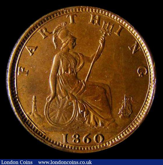 London Coins : A175 : Lot 1522 : Farthing 1860 Toothed Border, 4 Berries, Freeman 499 dies 2+B, UNC with gold and magenta toning over...