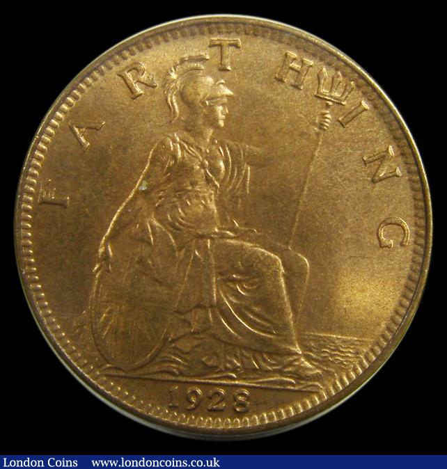 London Coins : A175 : Lot 1565 : Farthing 1928 Freeman 609 dies 3+B Choice UNC with practically full mint lustre, in an LCGS holder a...